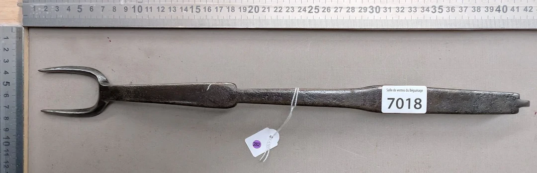 1 antique 18th-century wrought-iron hearth fork, 2 tines—see photos