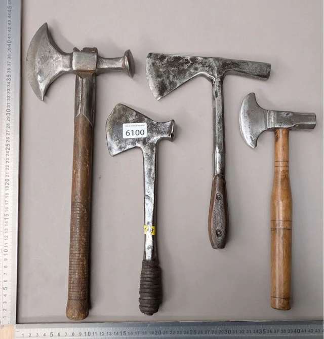 Set of 4 different hatchets—see photos for dimensions and condition
