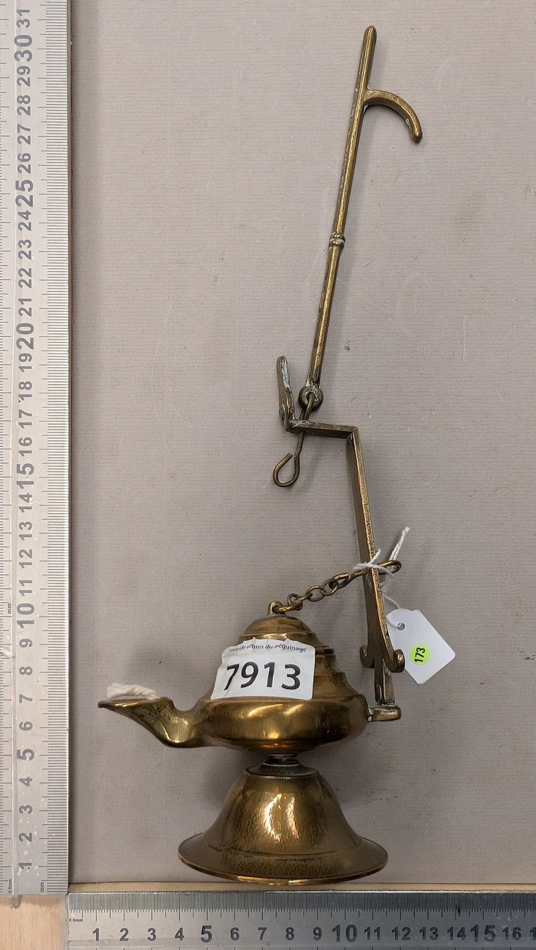 Antique small bronze oil lamp—see photos for dimensions and condition