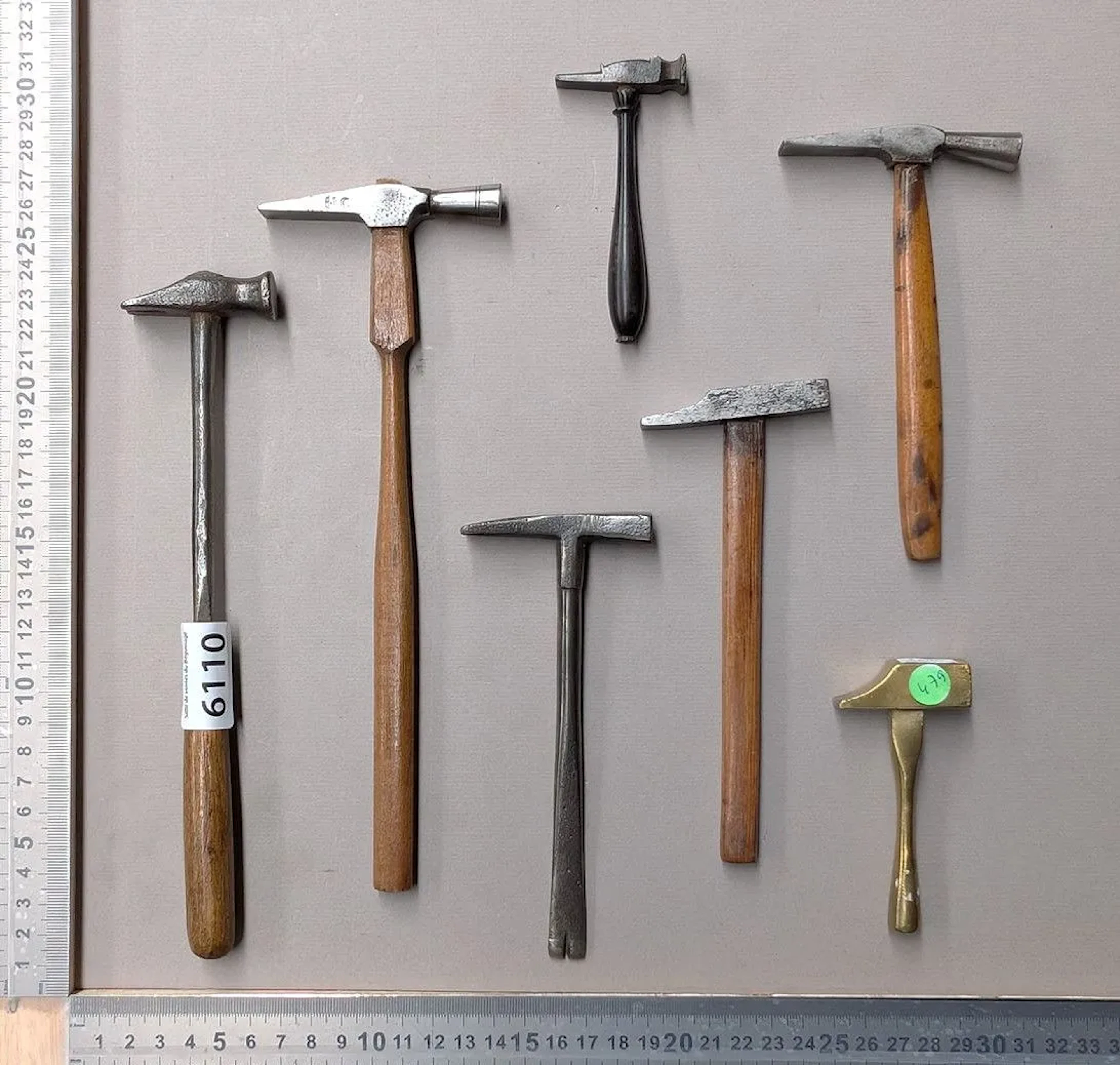 7 small hammers of different types—see photos for dimensions and condition