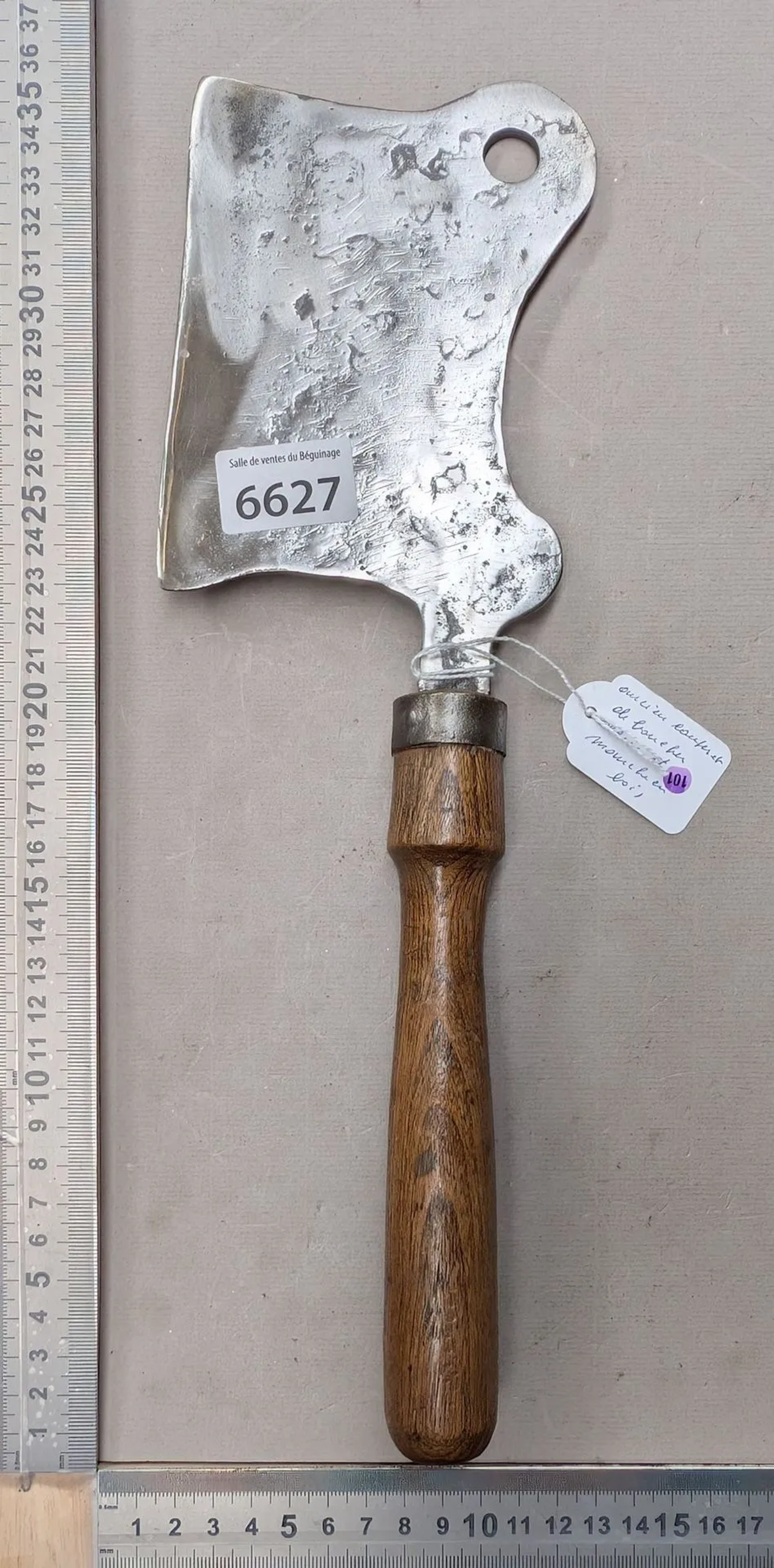 Antique cleaver with steel blade and wooden handle—see photos for