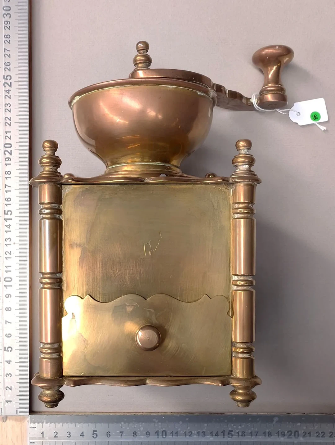 Antique copper coffee grinder—see photos for dimensions and condition