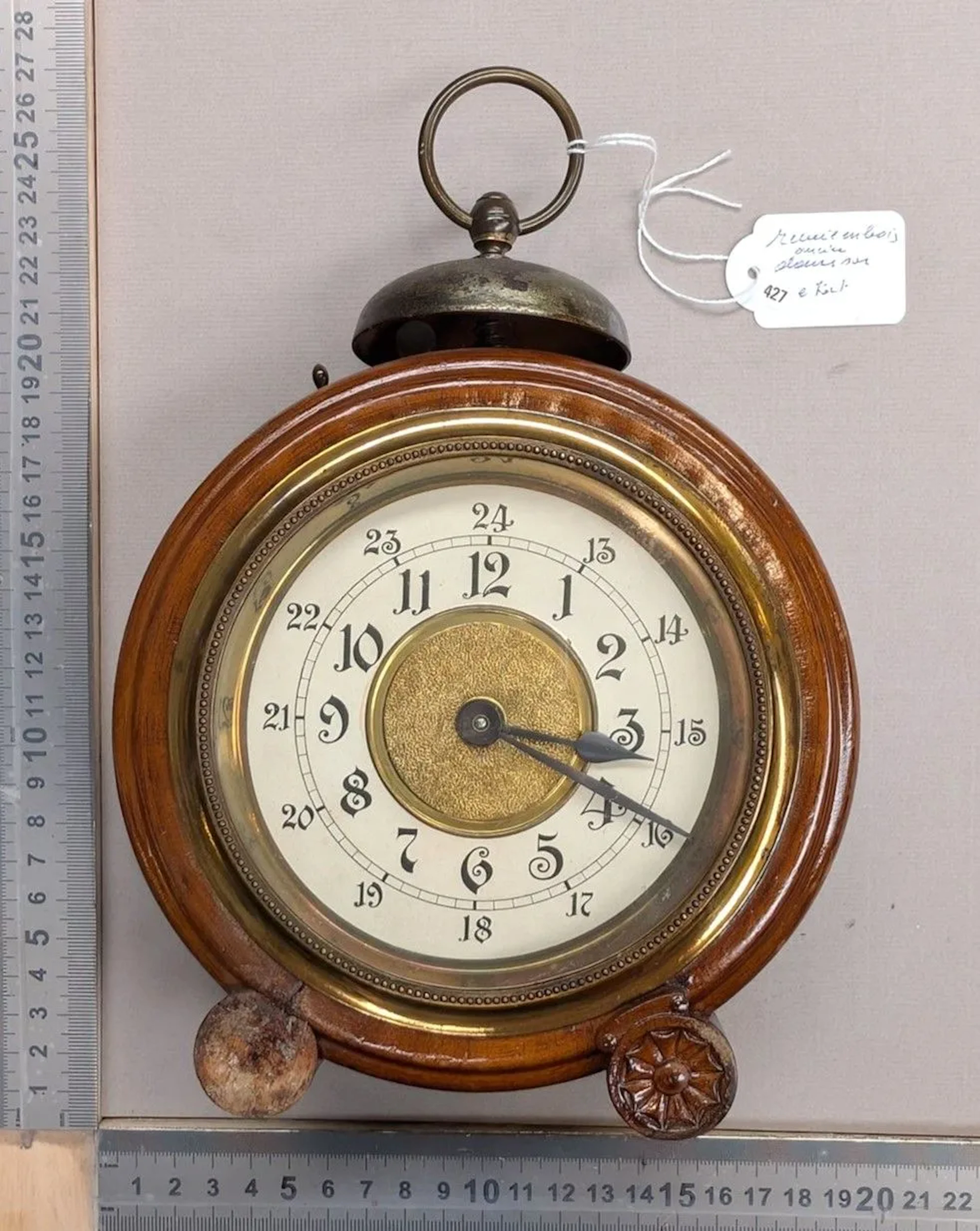 Vintage wooden alarm clock in its original condition—see photos for