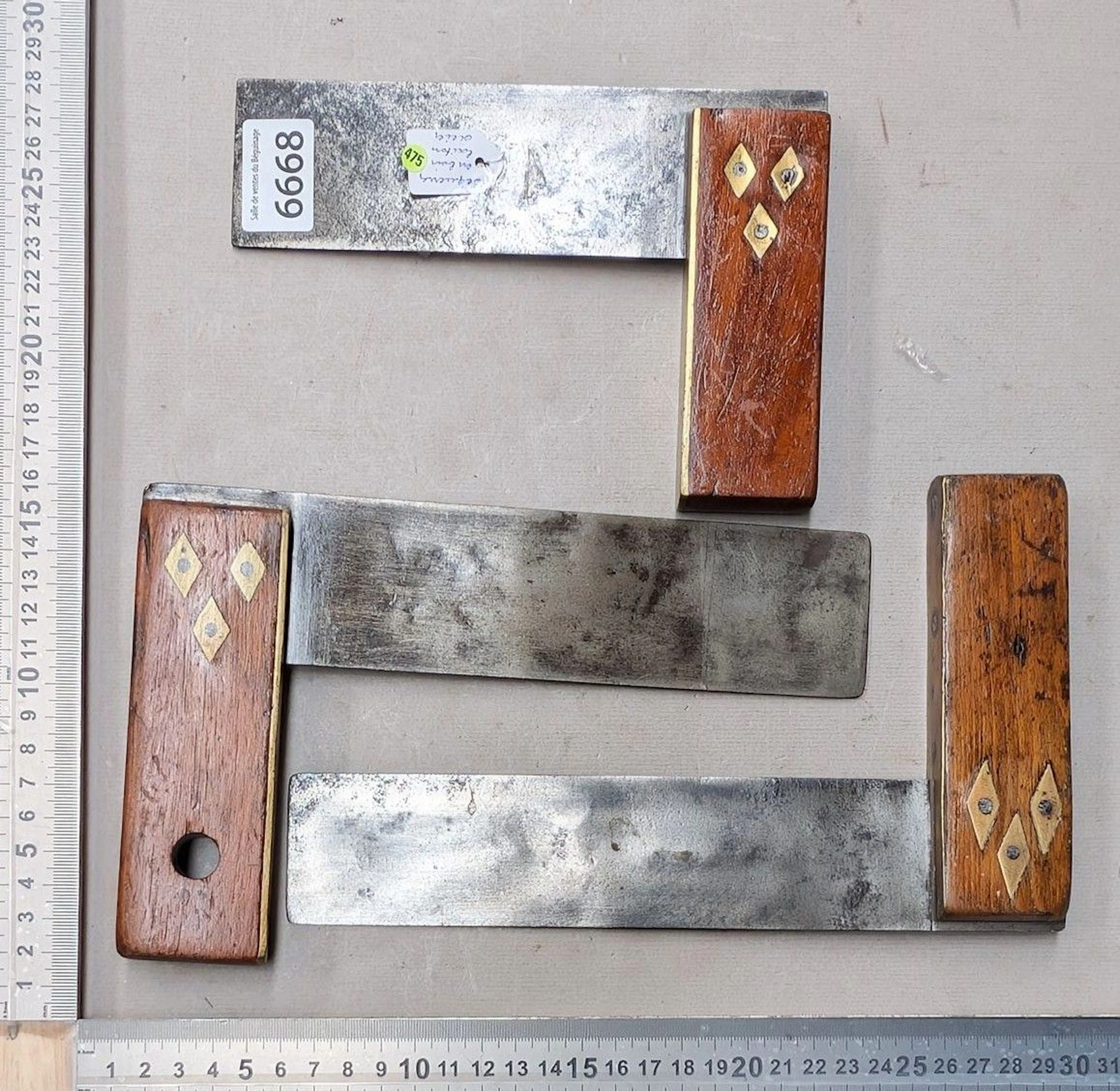 3 vintage wooden brass set squares—see photos for dimensions and condition