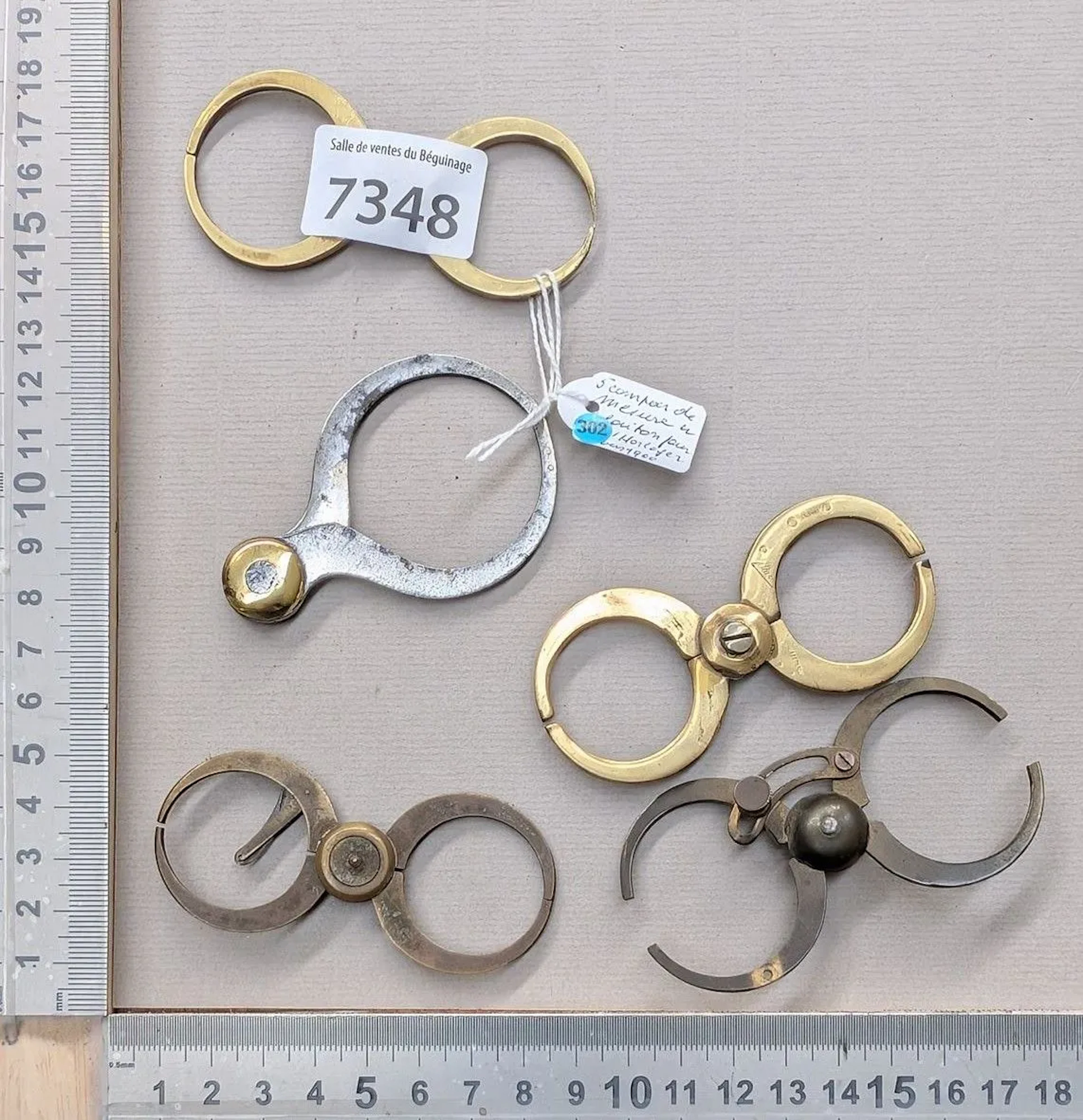 5 brass measuring compasses for watchmakers, circa 1900—see photos