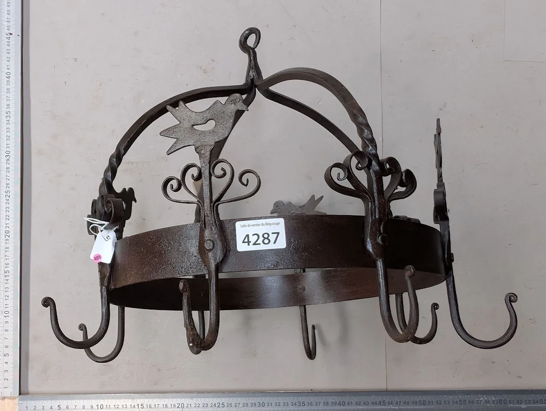 1 antique kitchen rack with 8 wrought-iron hooks—see photos for dimensions