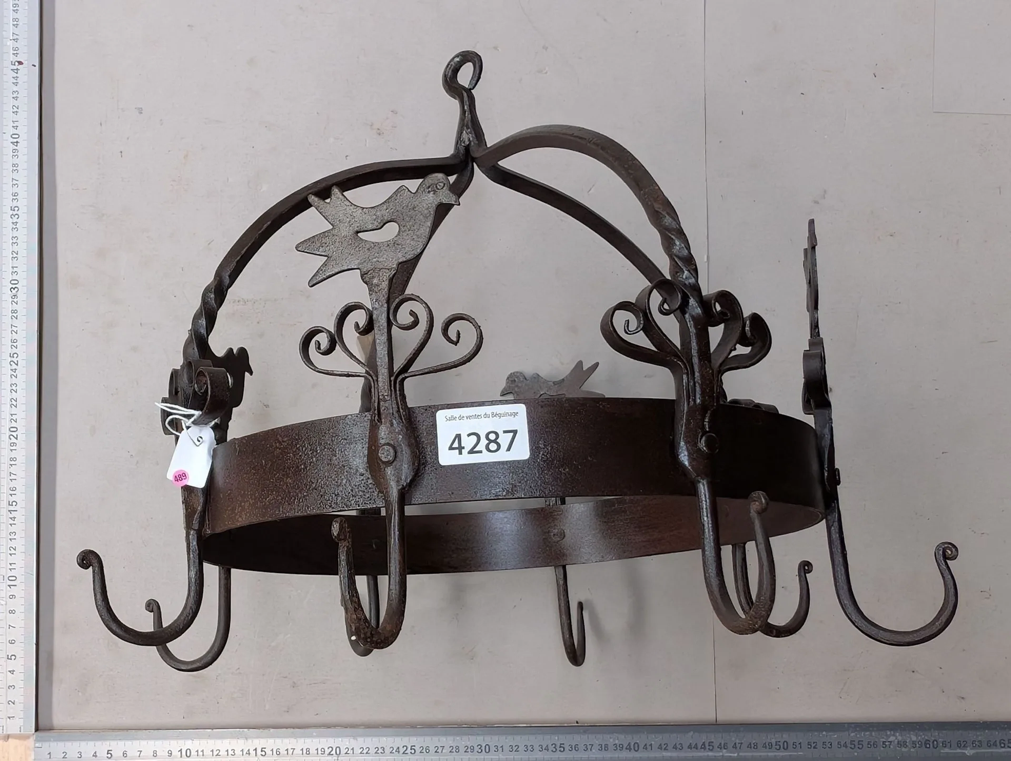 1 antique kitchen rack with 8 wrought-iron hooks—see photos for dimensions
