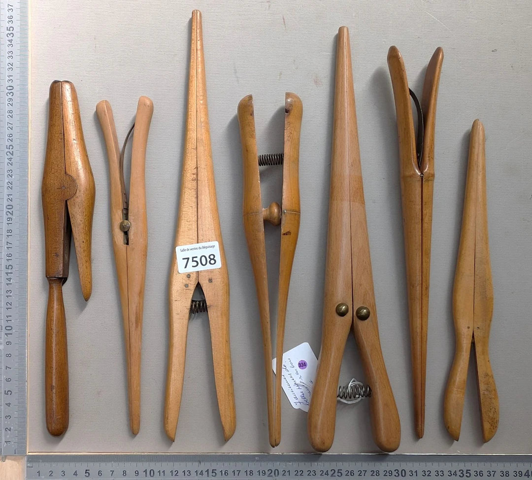 7 beautiful antique 19th-century wooden glove-maker's clamps—see photos