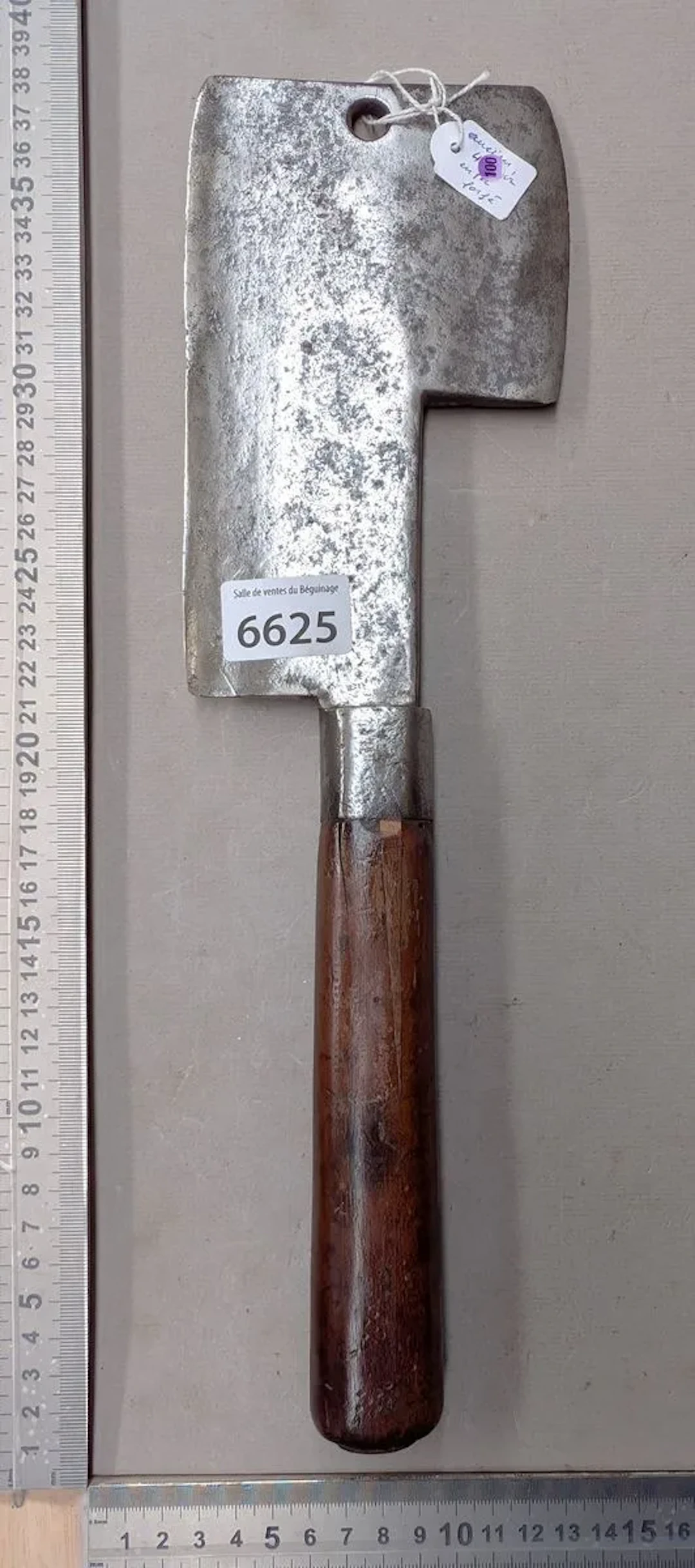 Antique cleaver with steel blade and wooden handle—see photos for