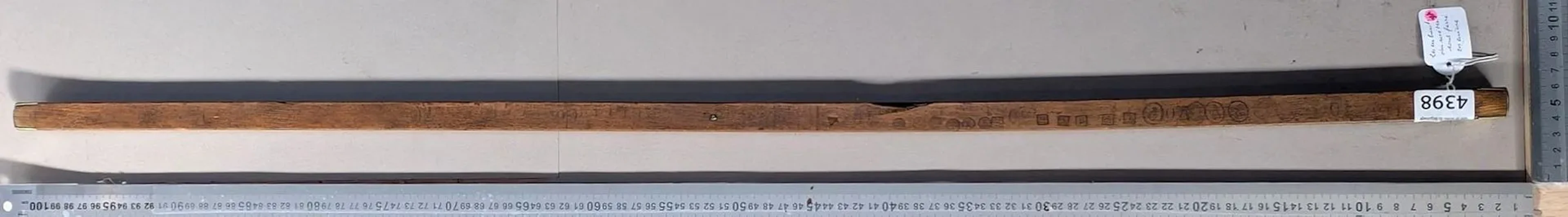 Antique wooden and brass measuring tape—see photos for dimensions and condition