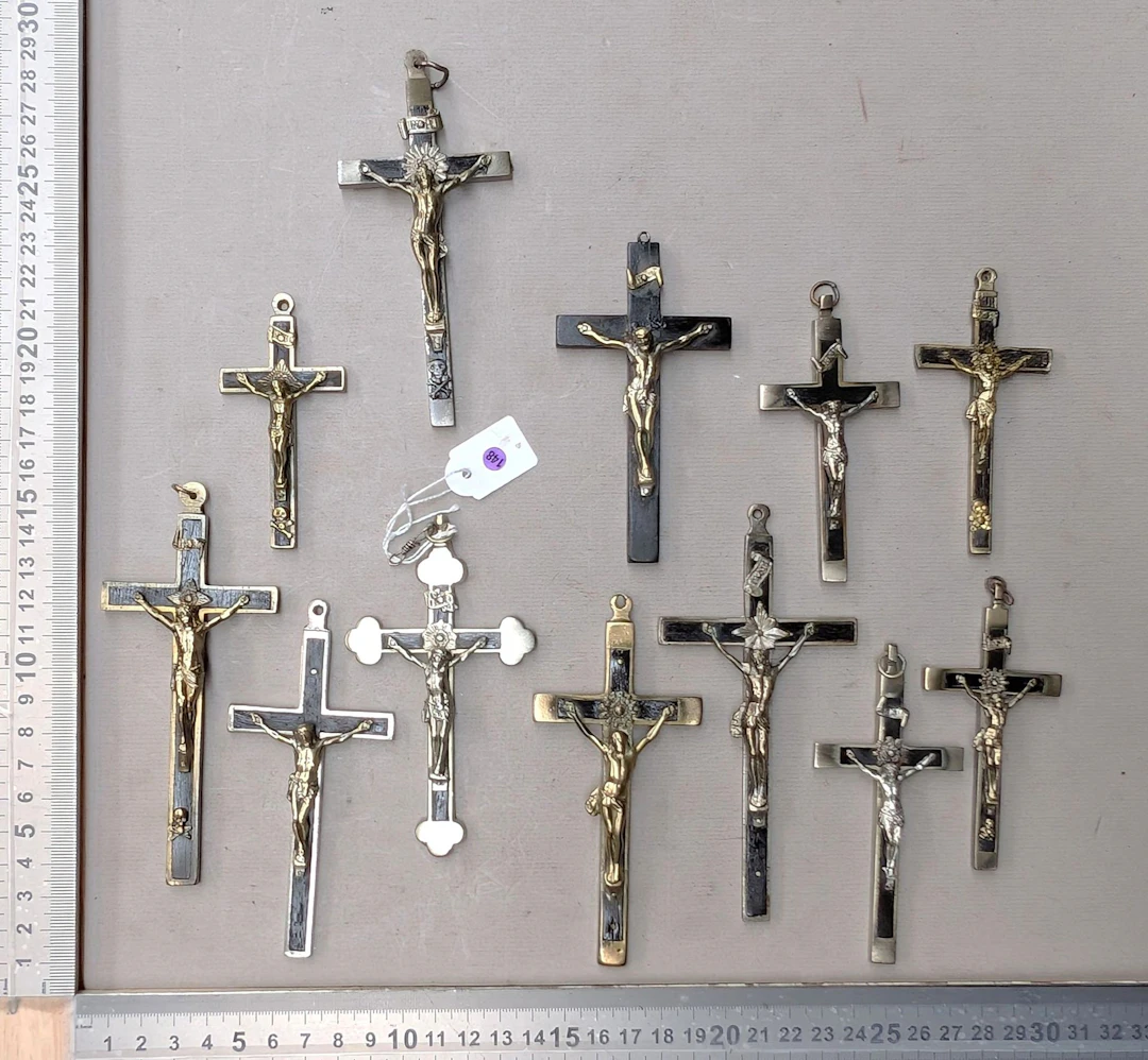 12 antique religious crosses—see photos for dimensions and condition