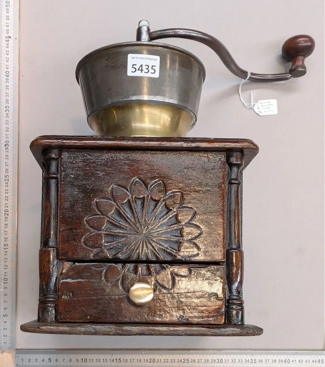 Antique 18th-century coffee grinder—see photos for dimensions and condition