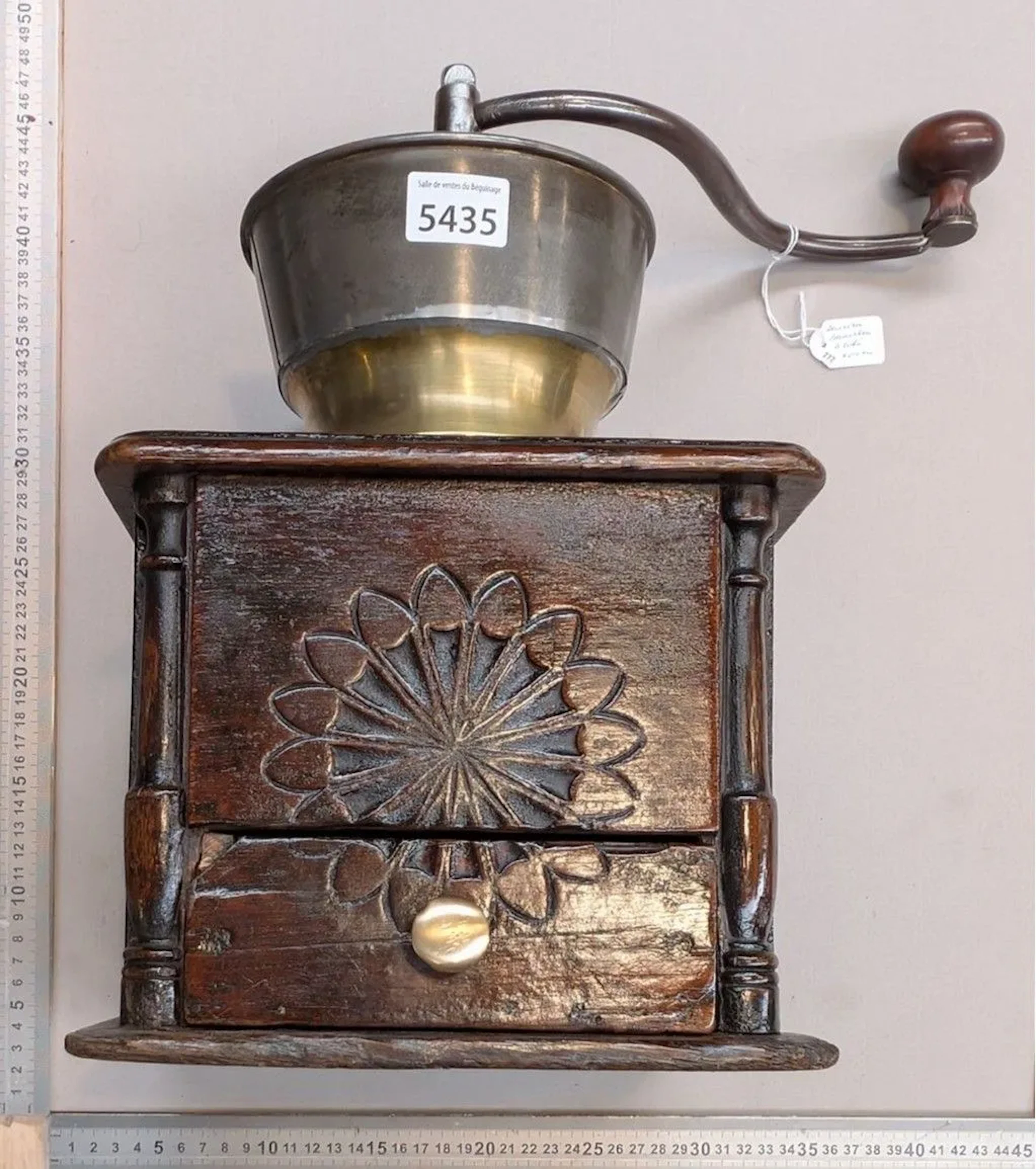 Antique 18th-century coffee grinder—see photos for dimensions and condition