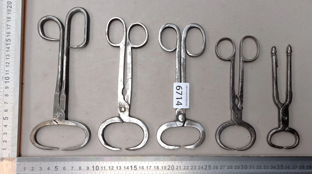 5 antique 19th-century sugar tongs—see photos for dimensions and condition