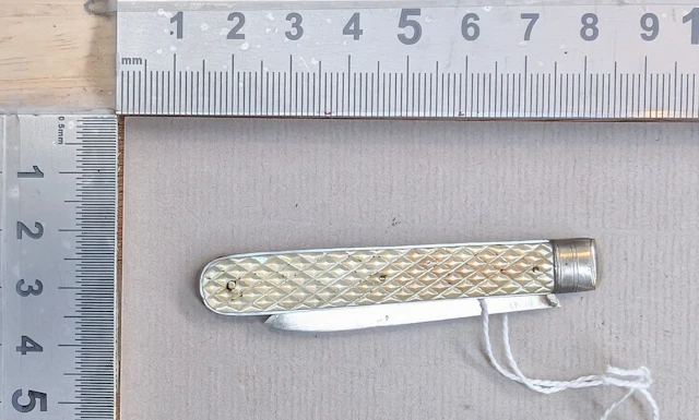1 antique fruit knife with a silver blade and mother-of-pearl handle—see