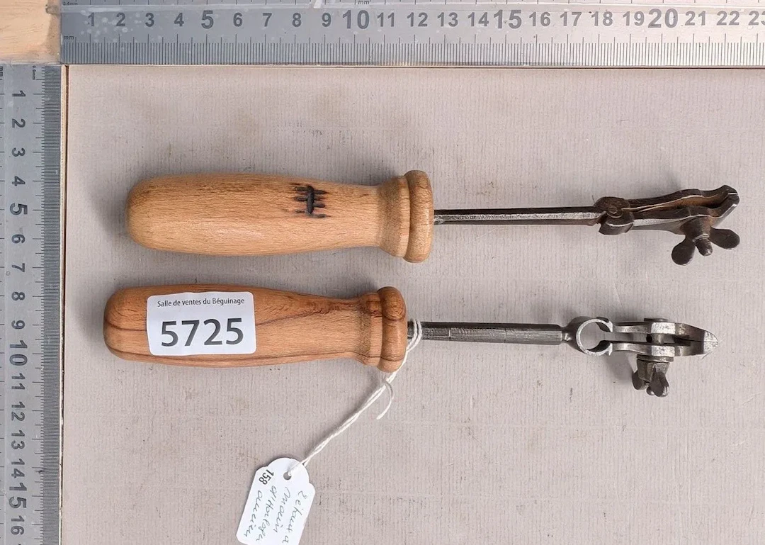 2 Small antique watchmaker's hand vices—see photos for dimensions and condition