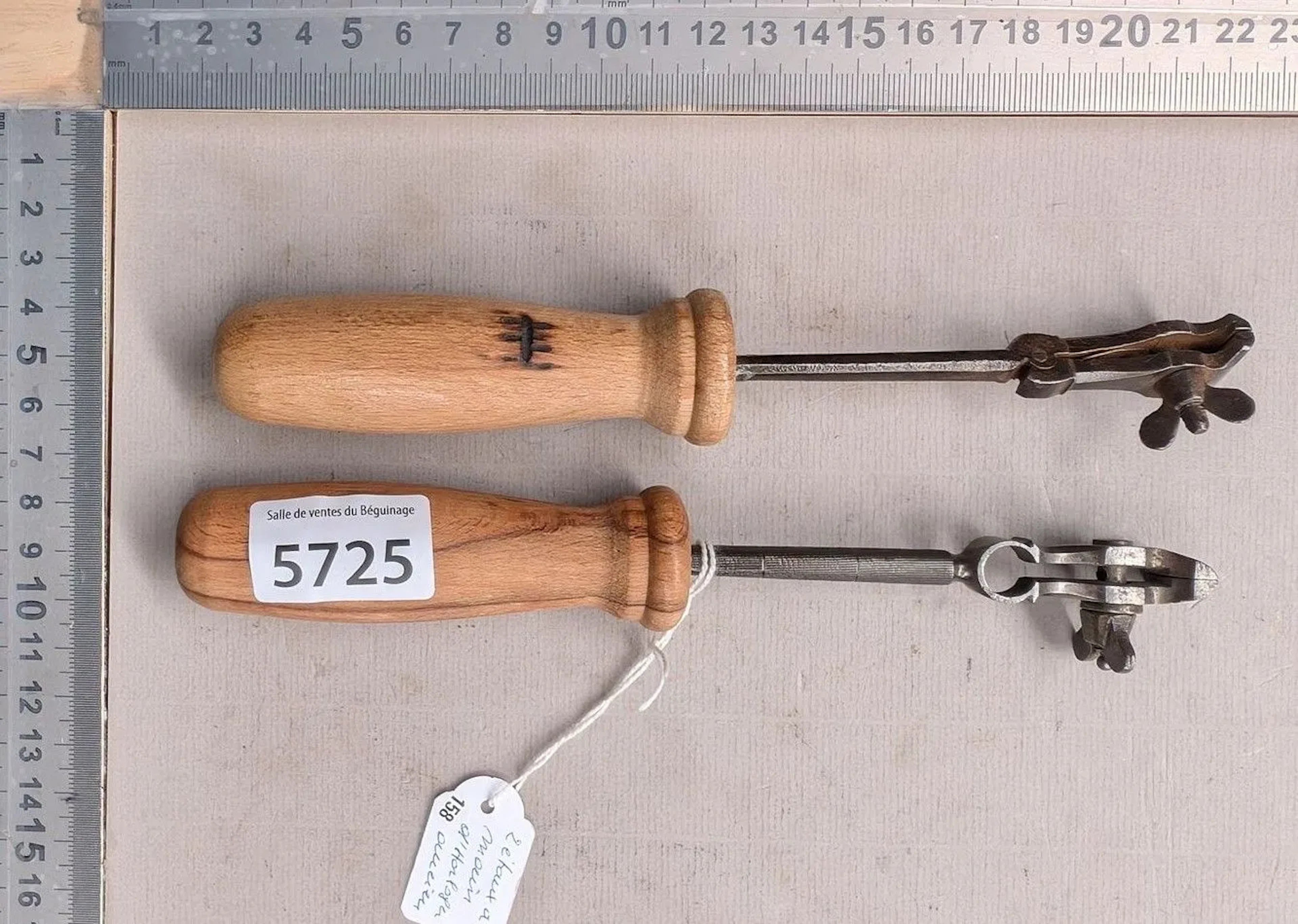 2 Small antique watchmaker's hand vices—see photos for dimensions and condition