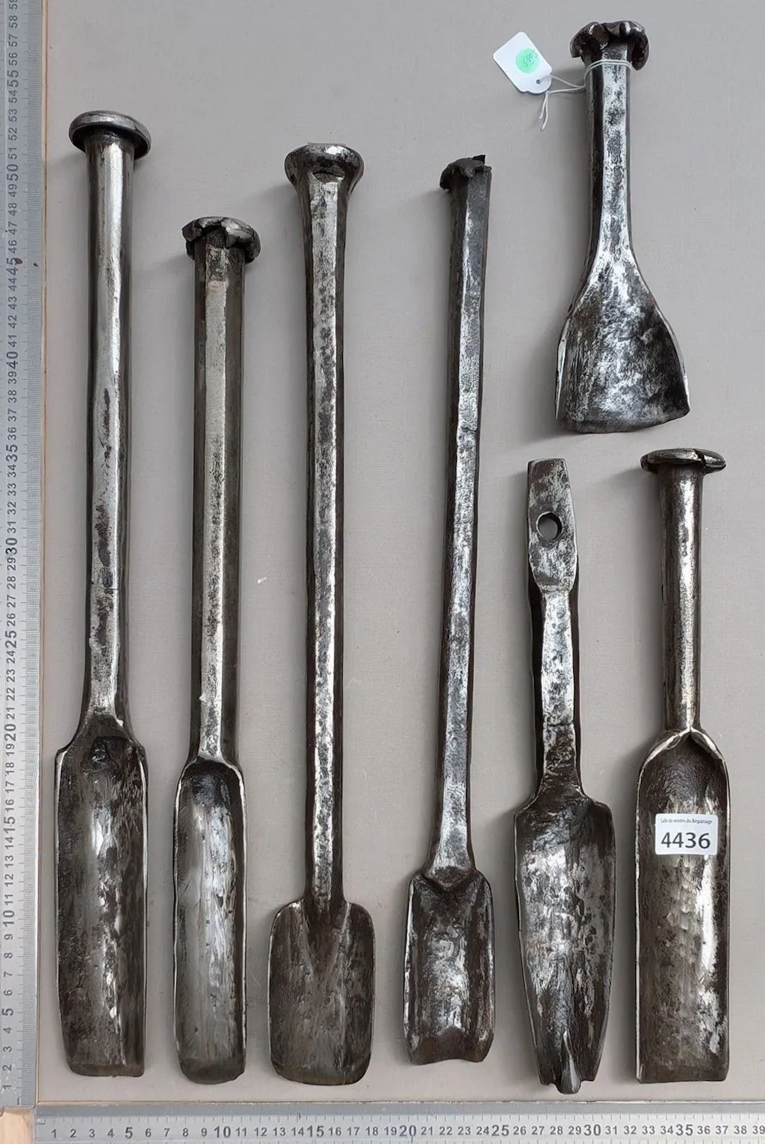 7 antique wrought-iron carpenter's gouges—see photos for dimensions