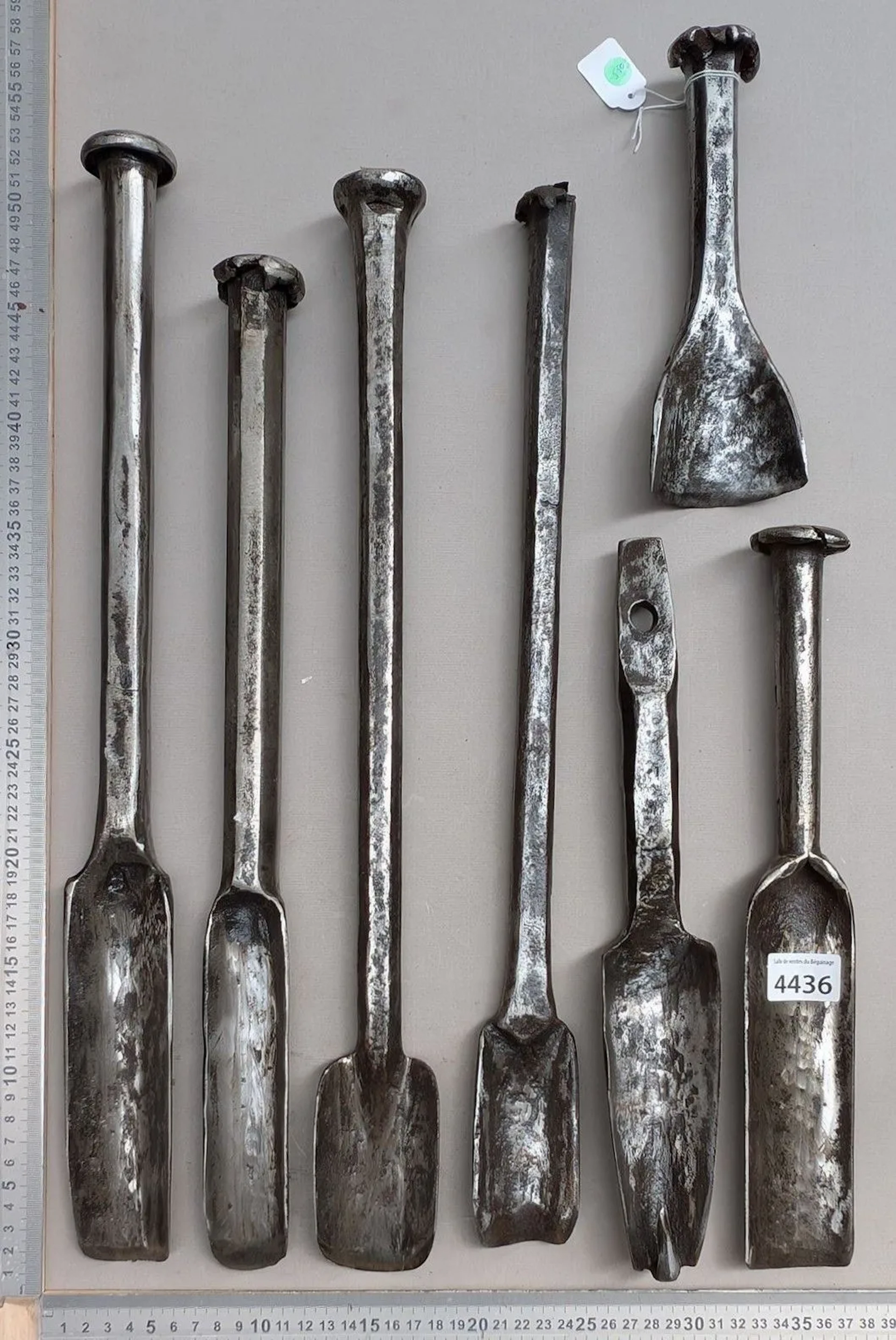 7 antique wrought-iron carpenter's gouges—see photos for dimensions