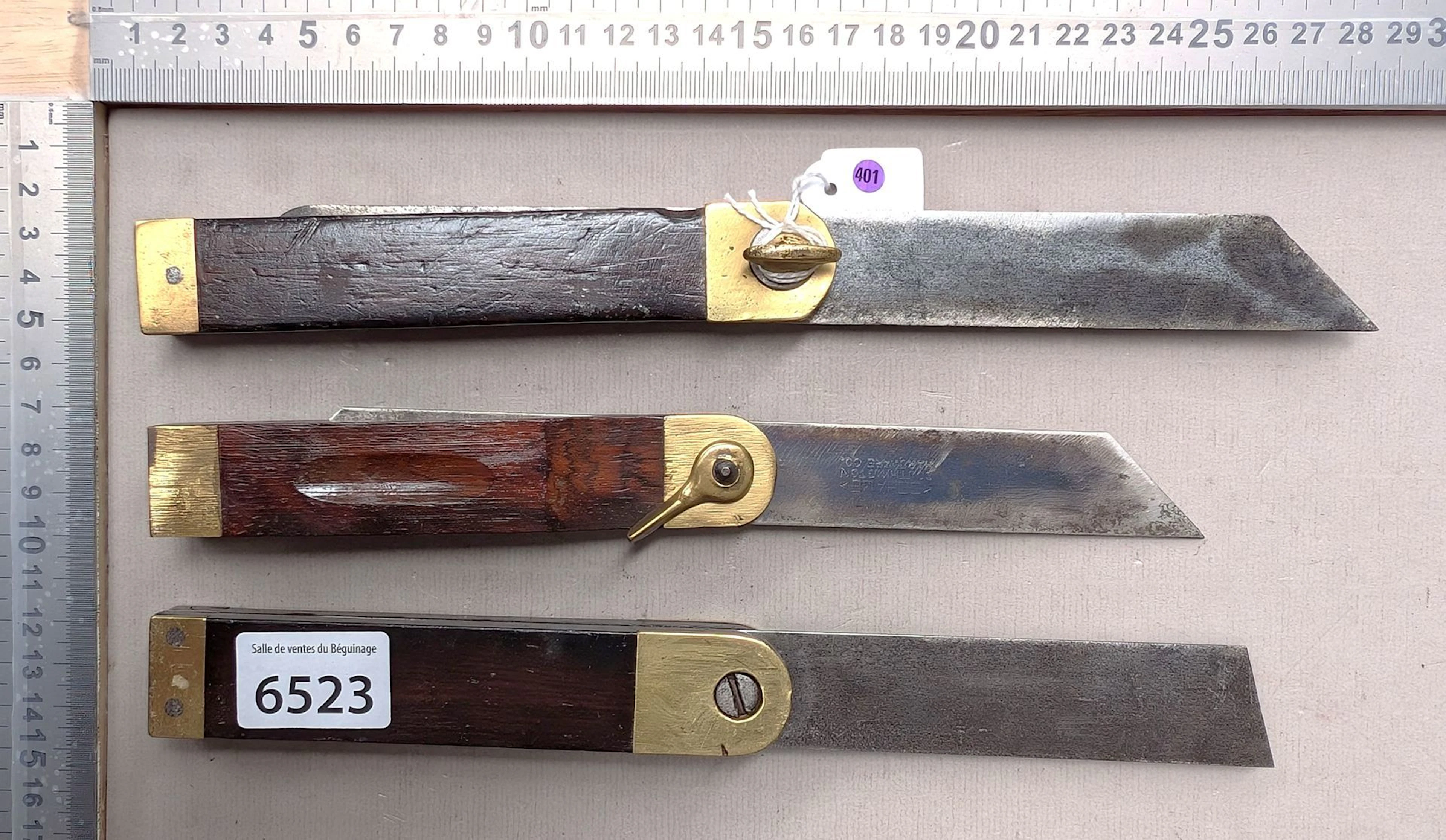 3 antique carpenter's squares—see photos for dimensions and condition