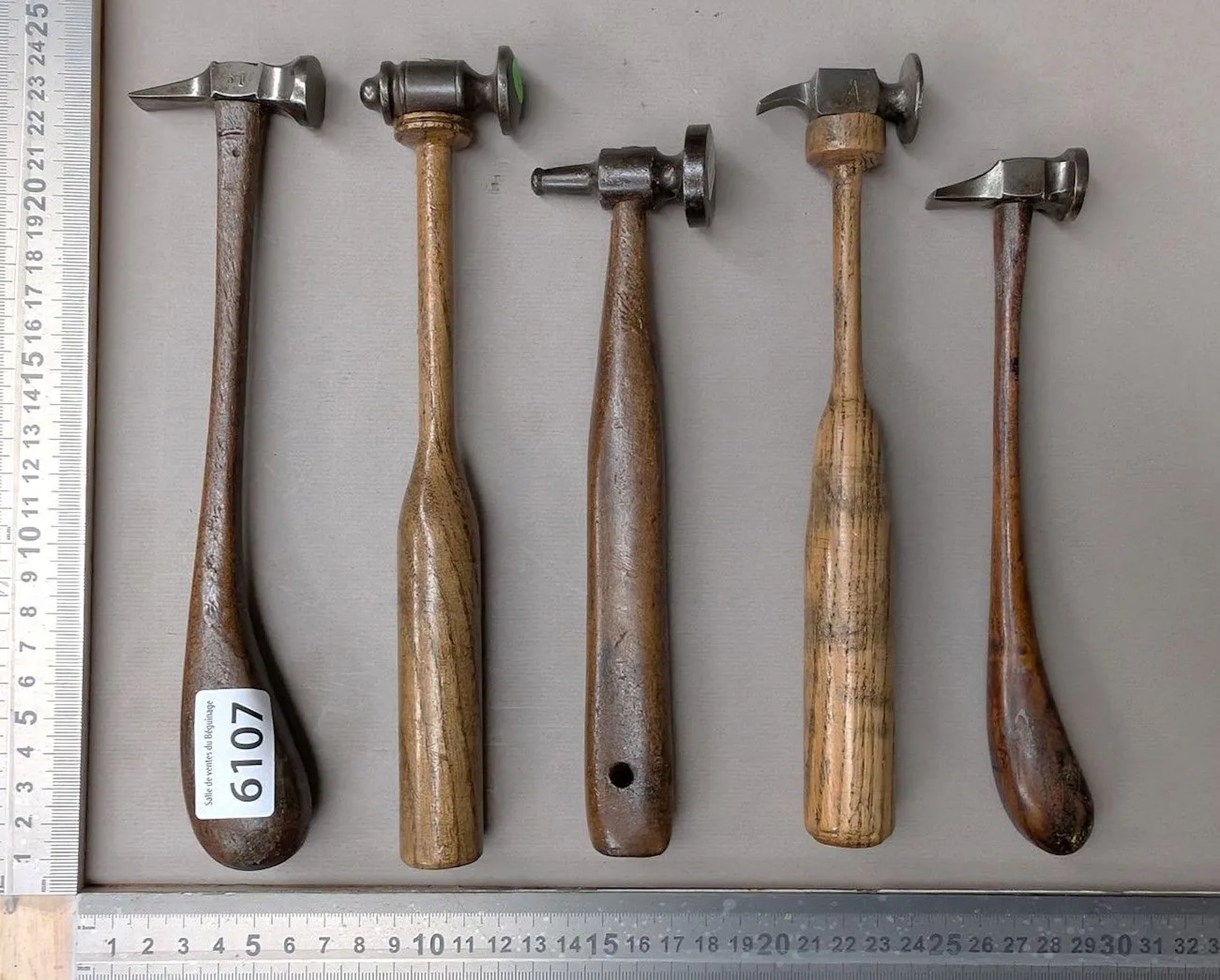 5 copper smith's hammers—see photos for dimensions and condition