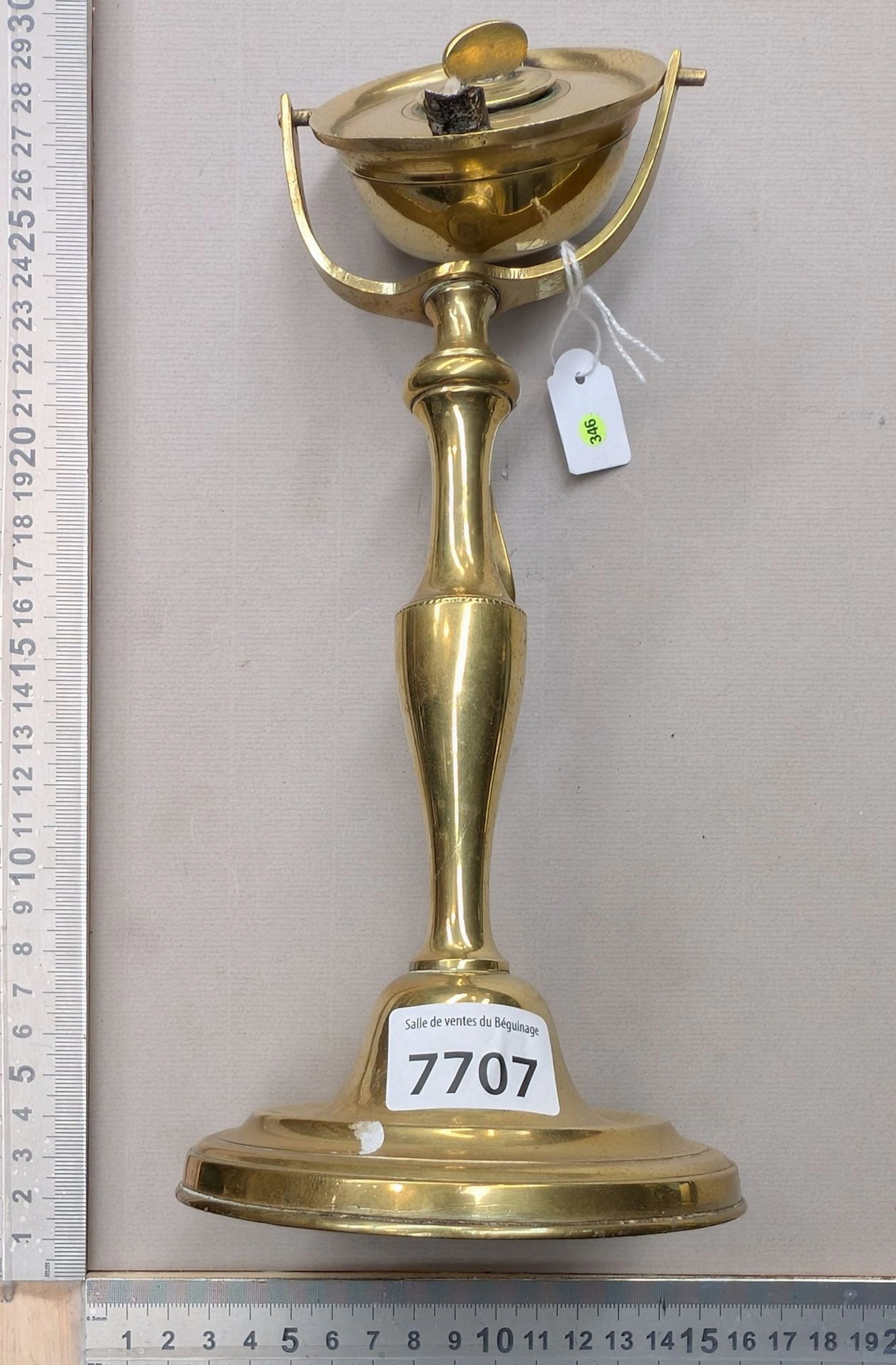 Antique 18th-century brass oil lamp—see photos for dimensions and condition