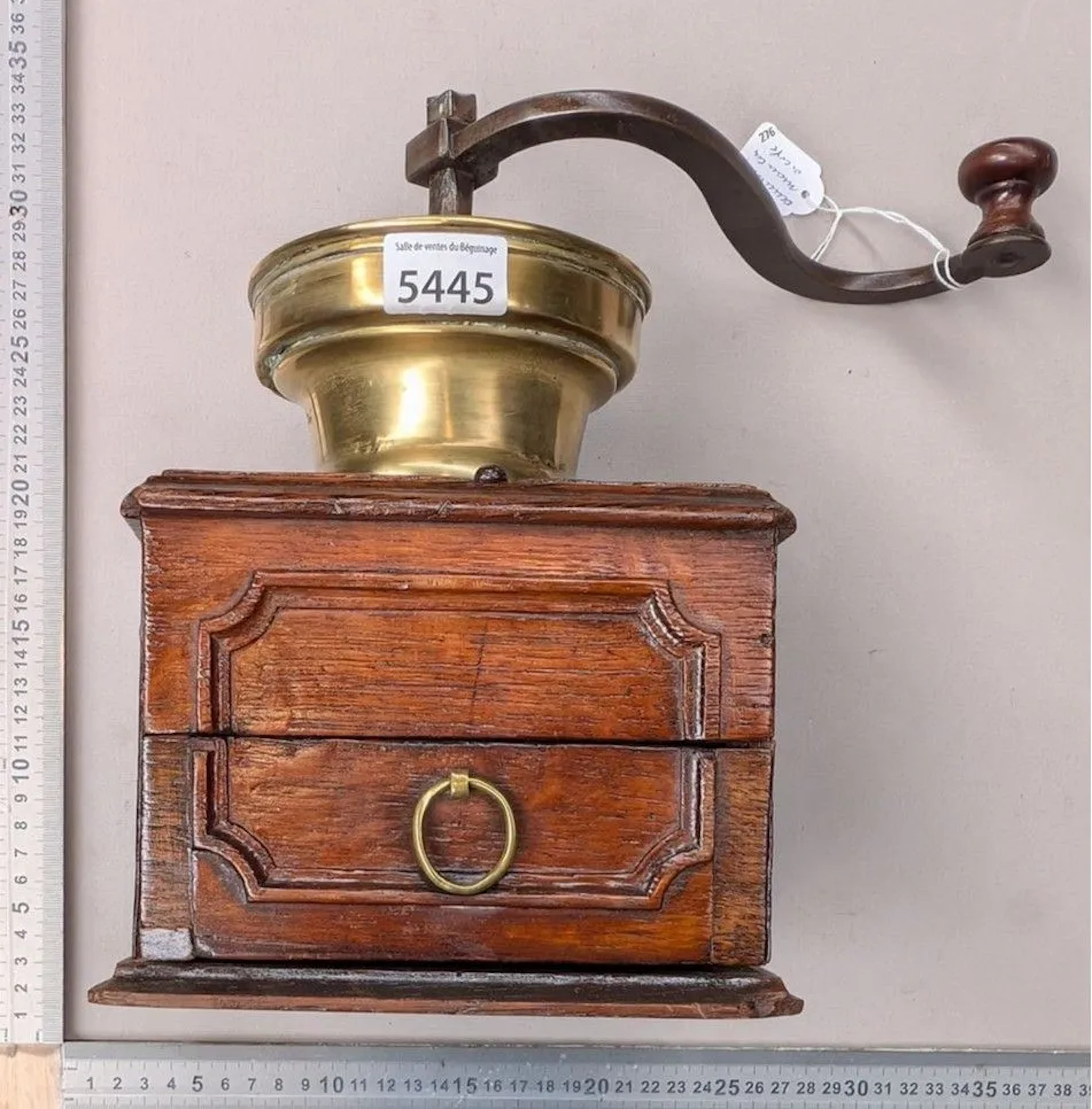 Antique 18th-century coffee grinder—see photos for dimensions and condition
