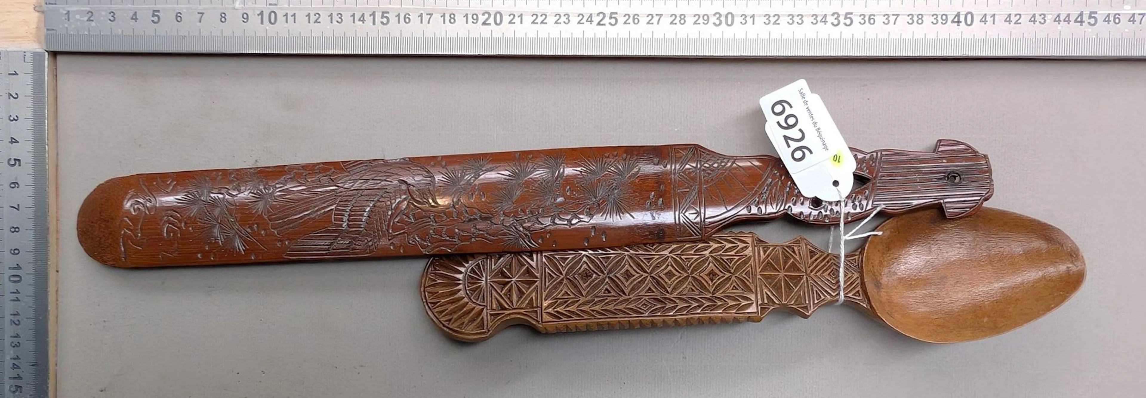 2 beautiful carved wooden pieces—see photos for dimensions and condition