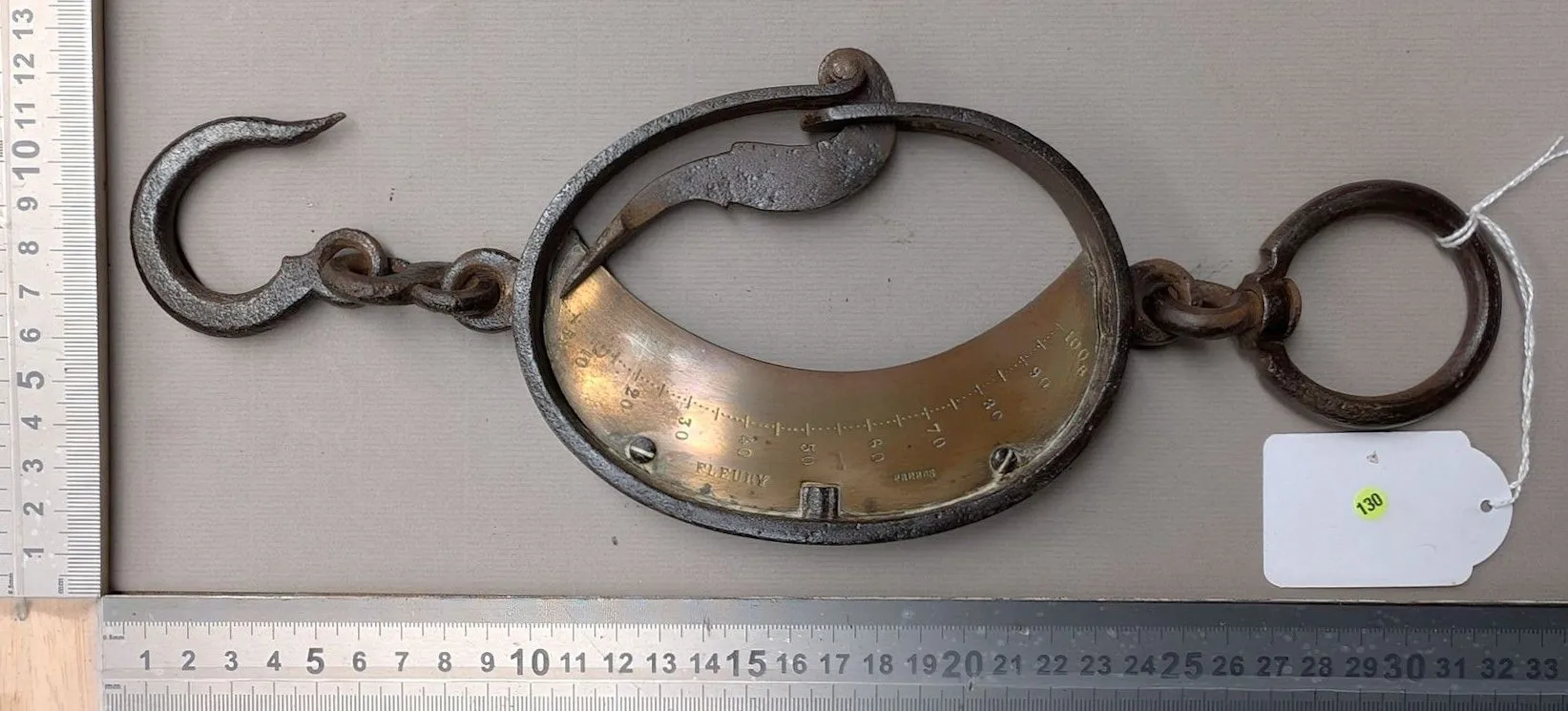 1 antique steel and brass hook scale—see photos for dimensions and condition