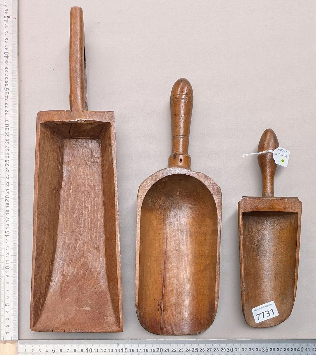 3 wooden grocery scoops—see photos for dimensions and condition