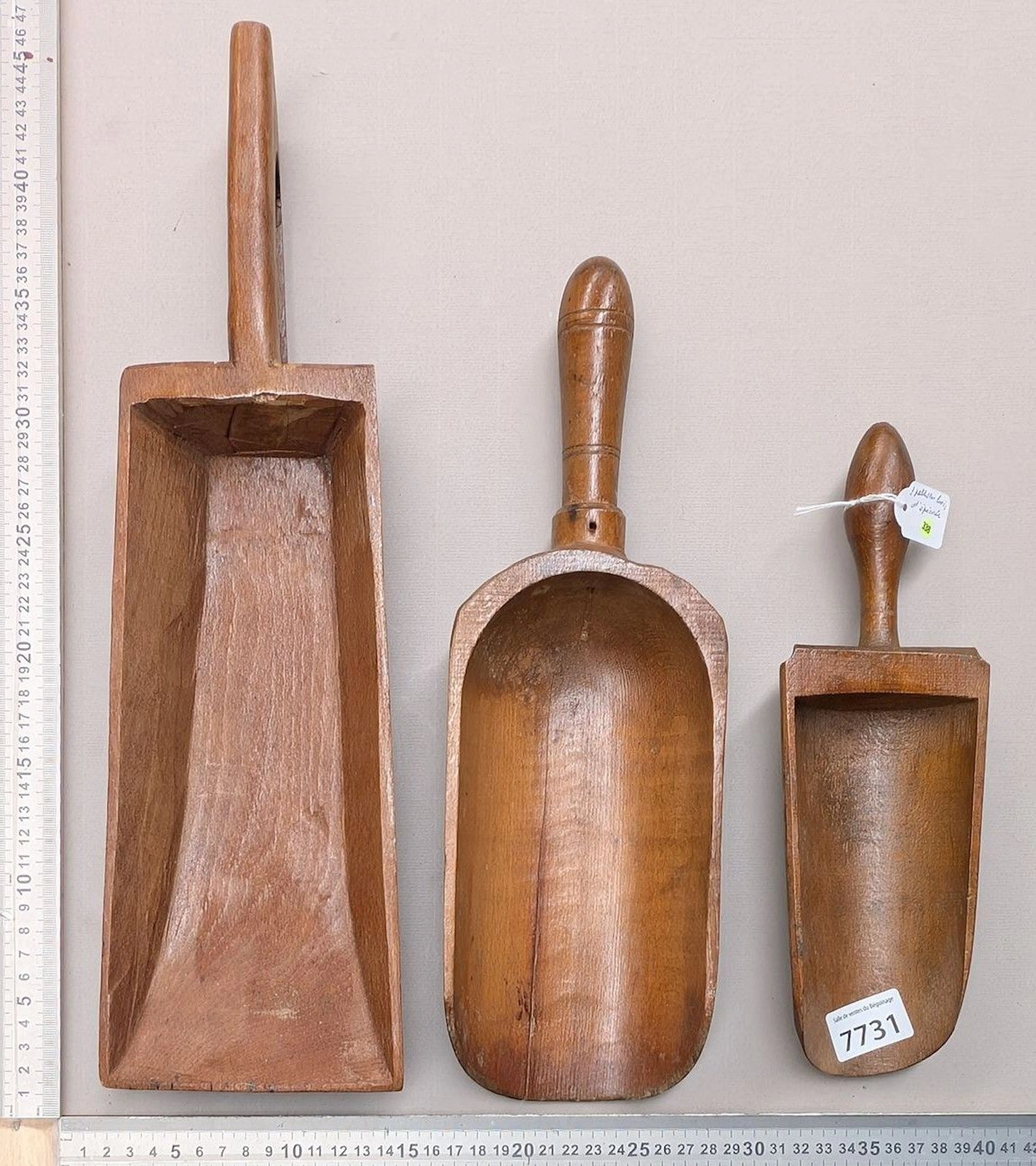 3 wooden grocery scoops—see photos for dimensions and condition