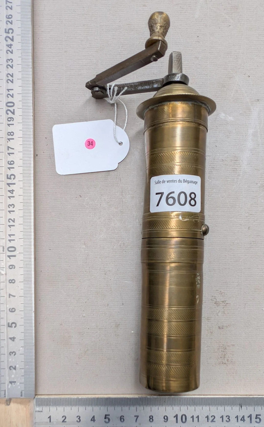 1 brass coffee grinder with a wrought-iron handle—see photos for dimensions