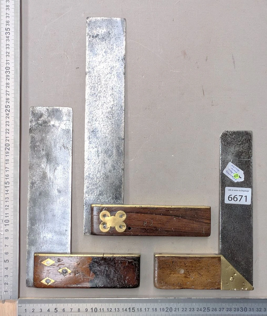3 vintage wooden brass set squares—see photos for dimensions and condition