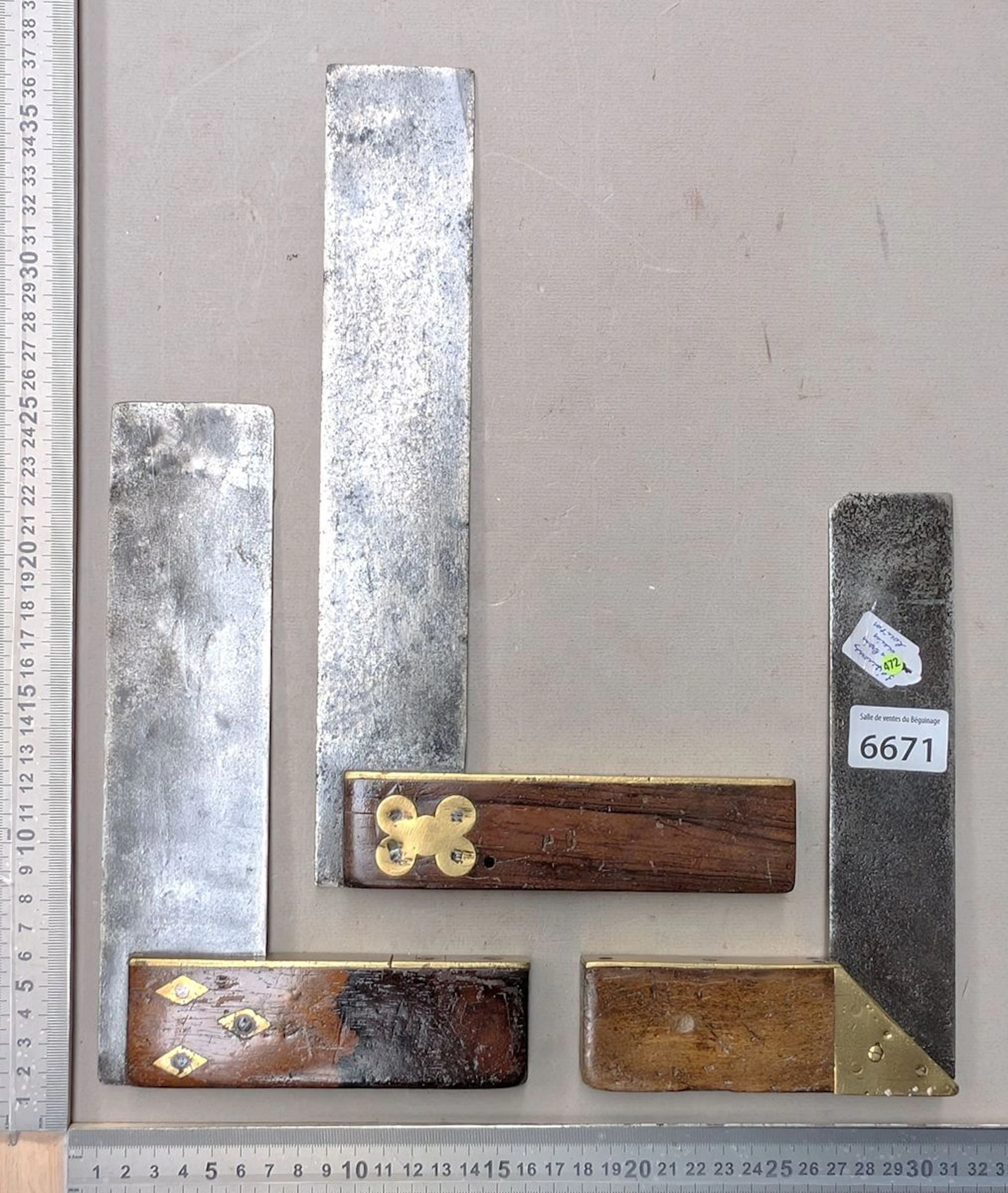 3 vintage wooden brass set squares—see photos for dimensions and condition