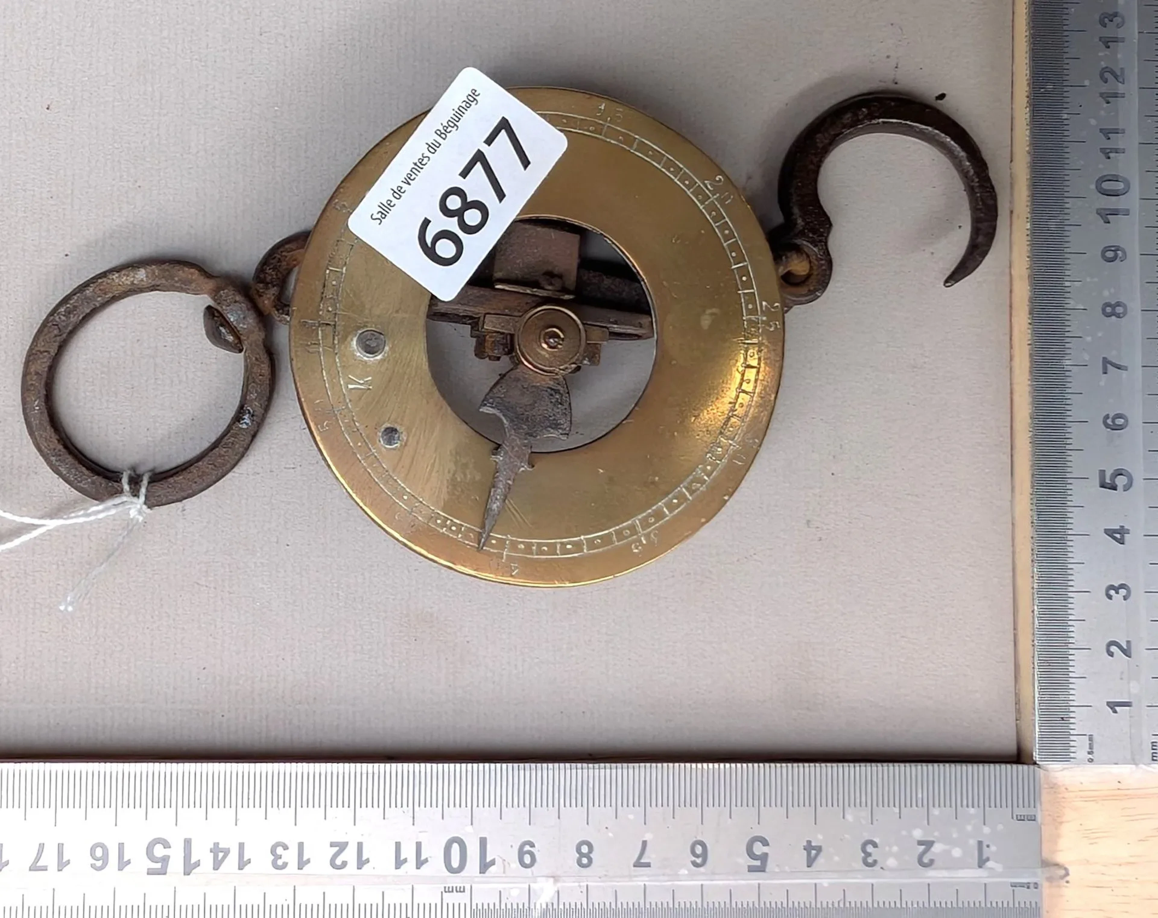 1 antique steel and brass hook scale—see photos for dimensions and condition