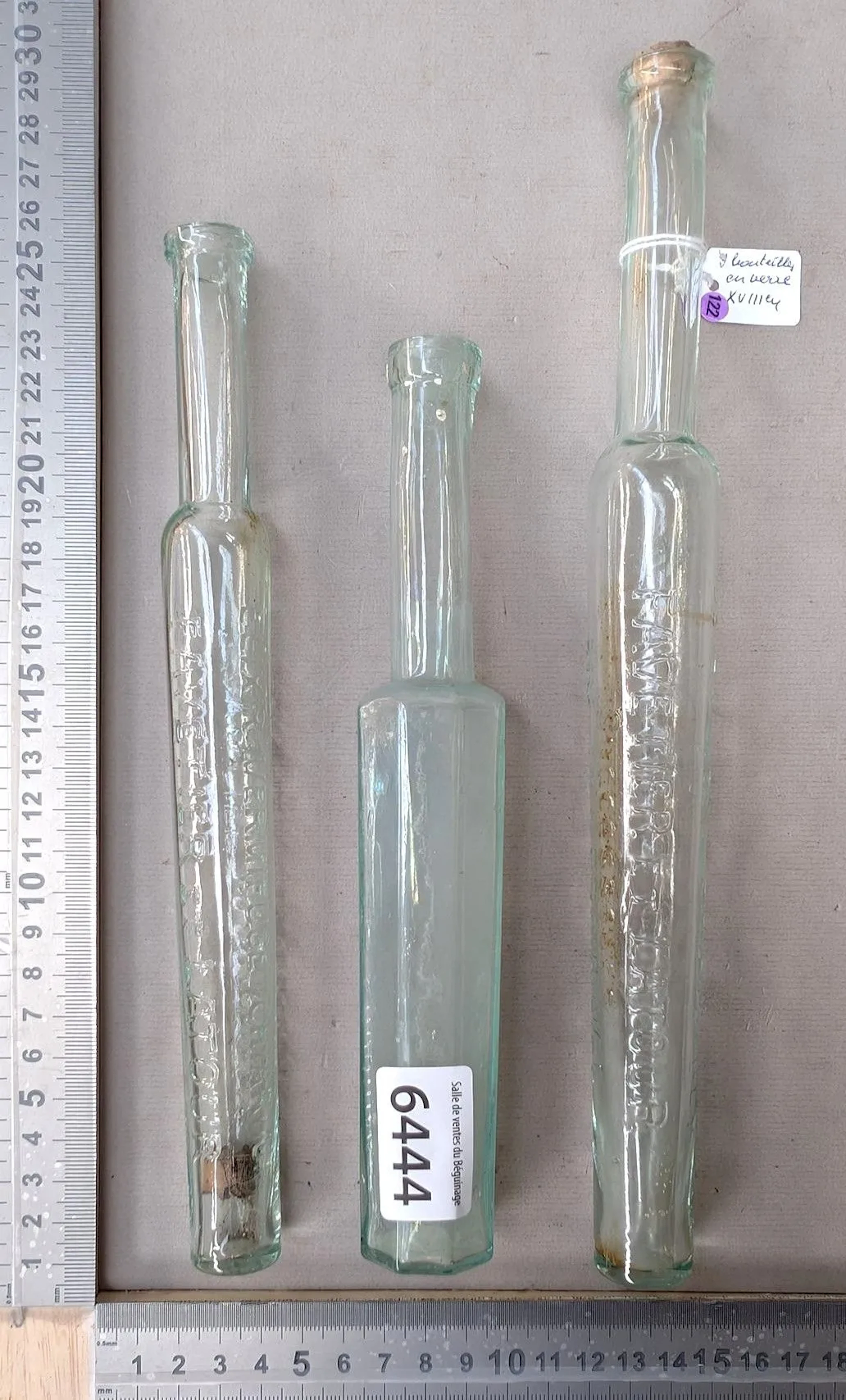 3 18th-century glass bottles—see photos for dimensions and condition