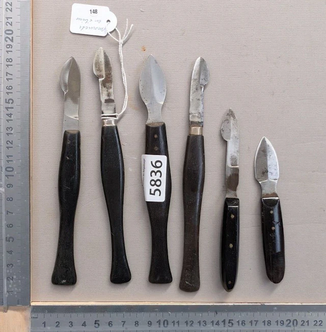 6 Woodcarving knives, ebony handles—see photos for dimensions and condition