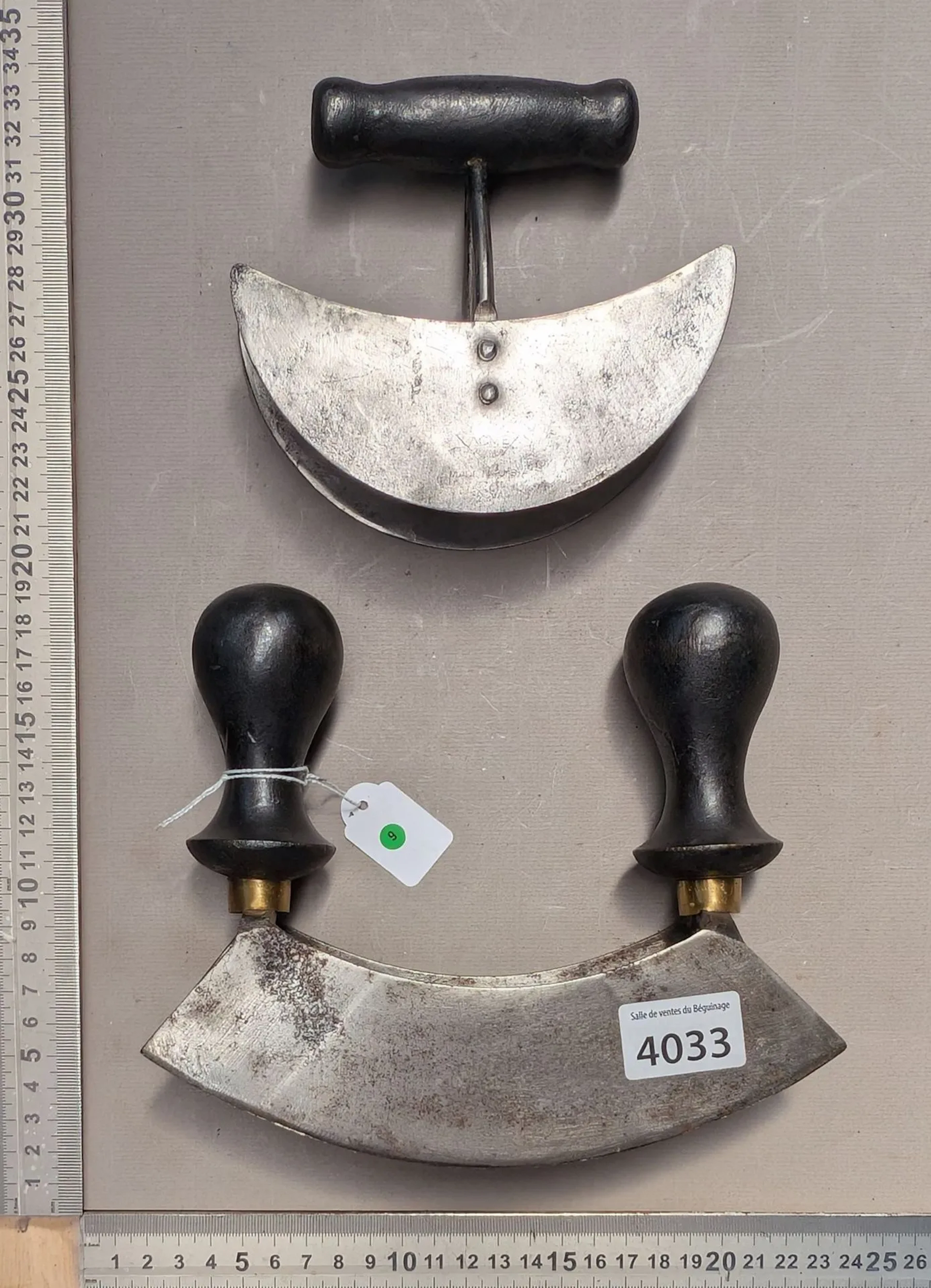 2 antique wrought-iron kitchen meat grinders—see photos for dimensions