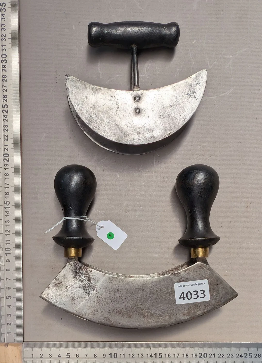 2 antique wrought-iron kitchen meat grinders—see photos for dimensions