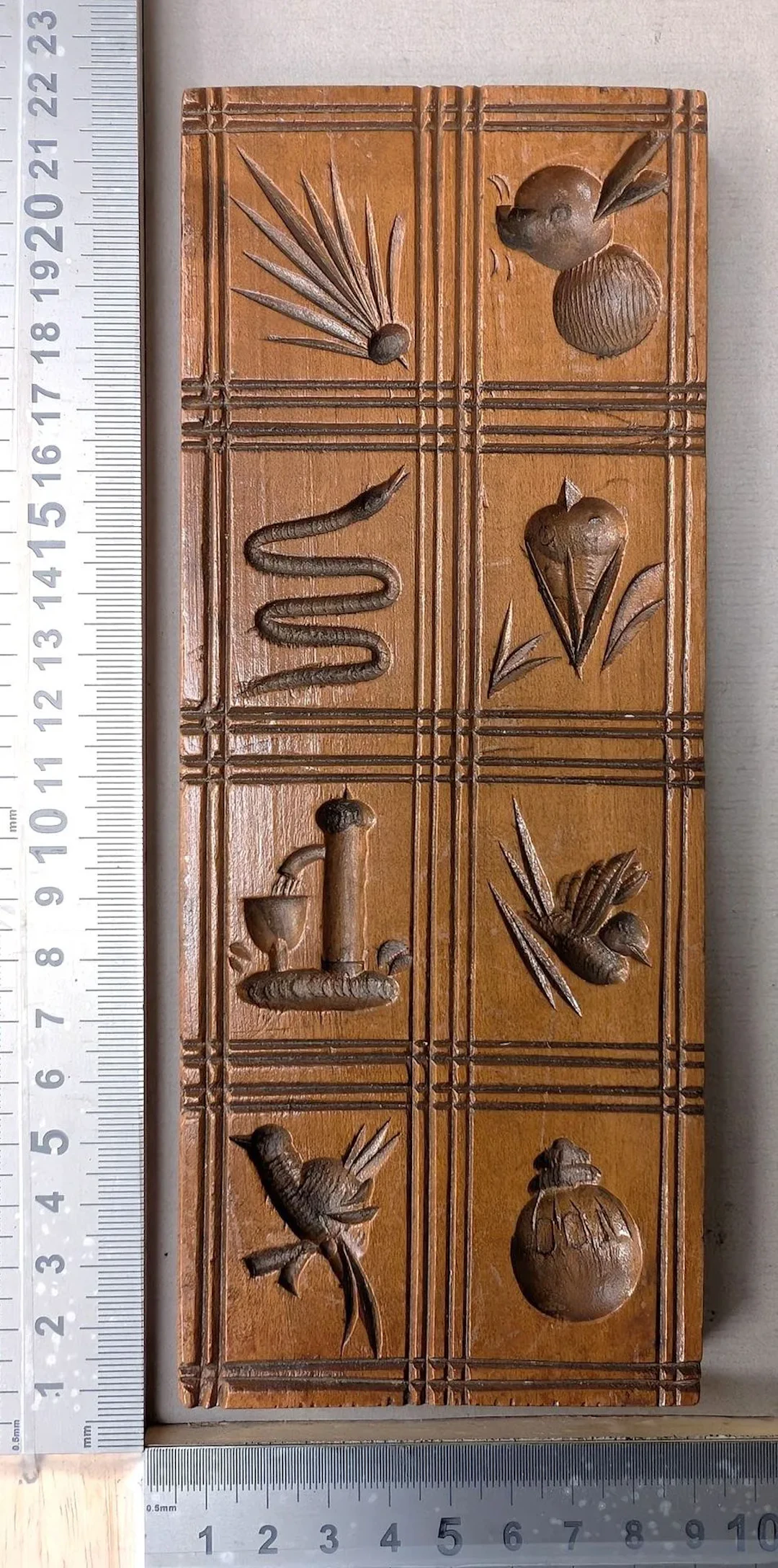 1 rare antique carved wooden mold with folk motifs, circa 1800—see