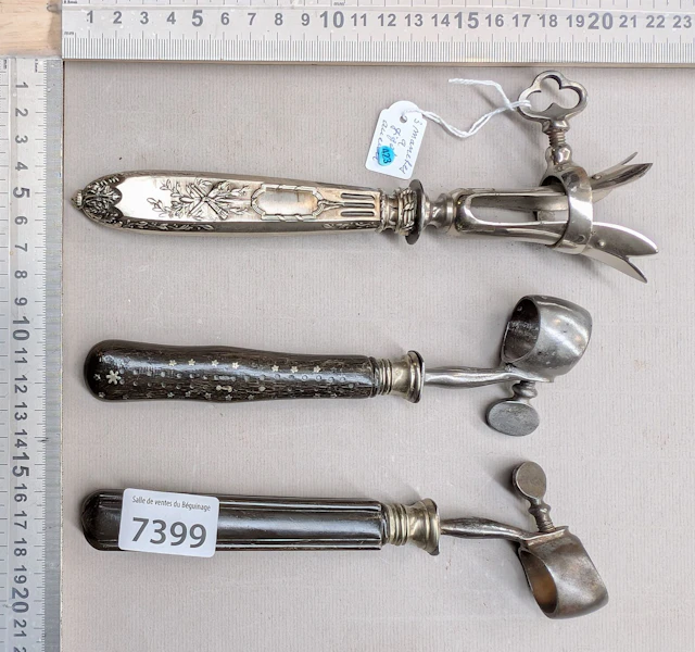 3 antique leg-of-lamb handles—2 ebony, 1 silver-plated—See photos