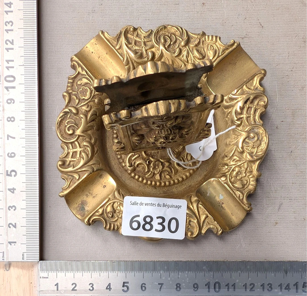 Vintage brass ashtray and match holder—see photos for dimensions and condition