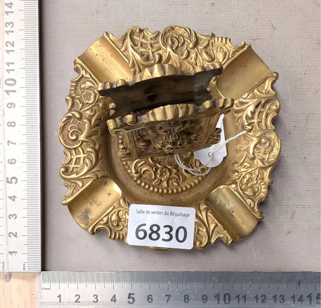 Vintage brass ashtray and match holder—see photos for dimensions and condition