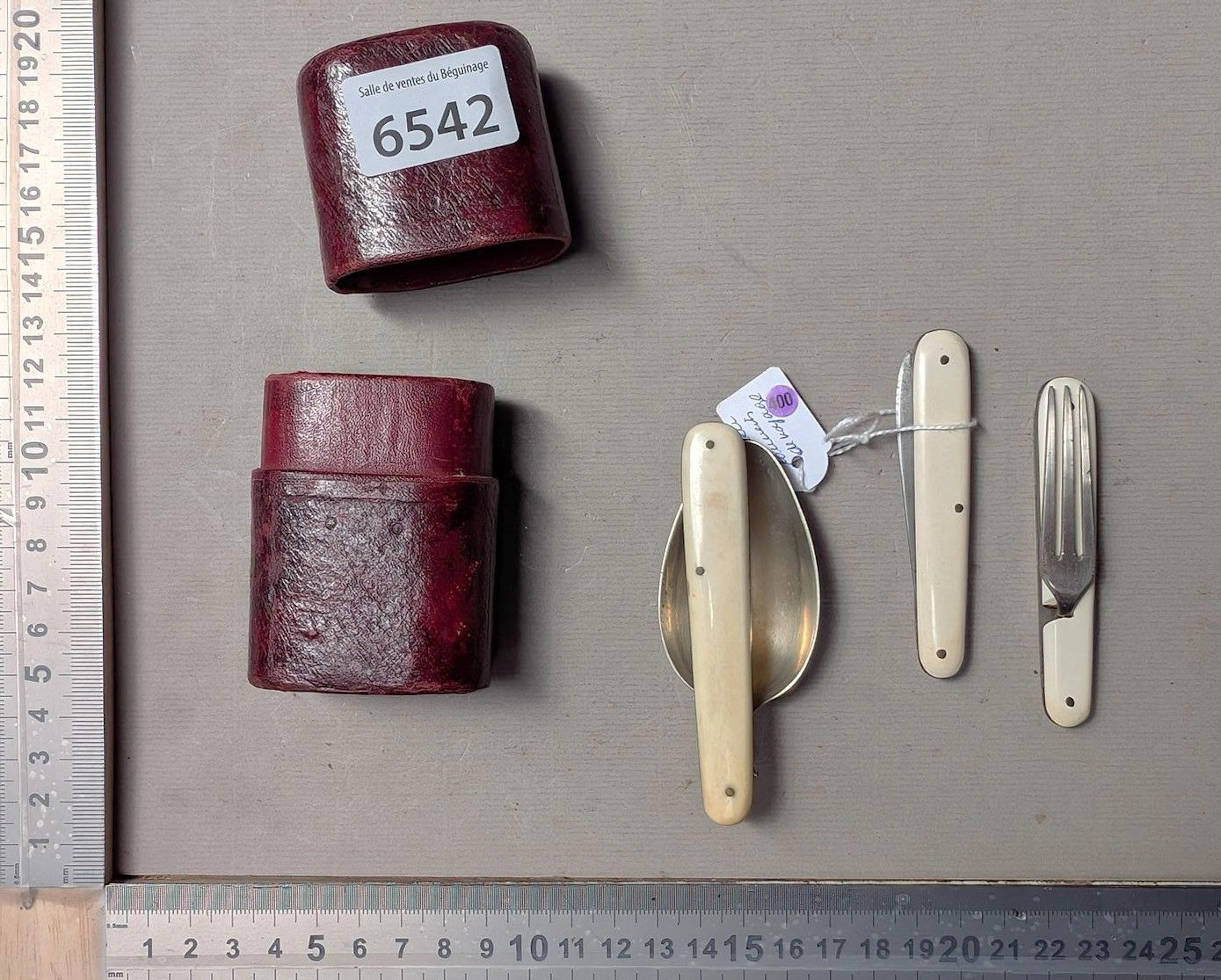 1 antique travel cutlery set (fork, knife, spoon) — See photos for