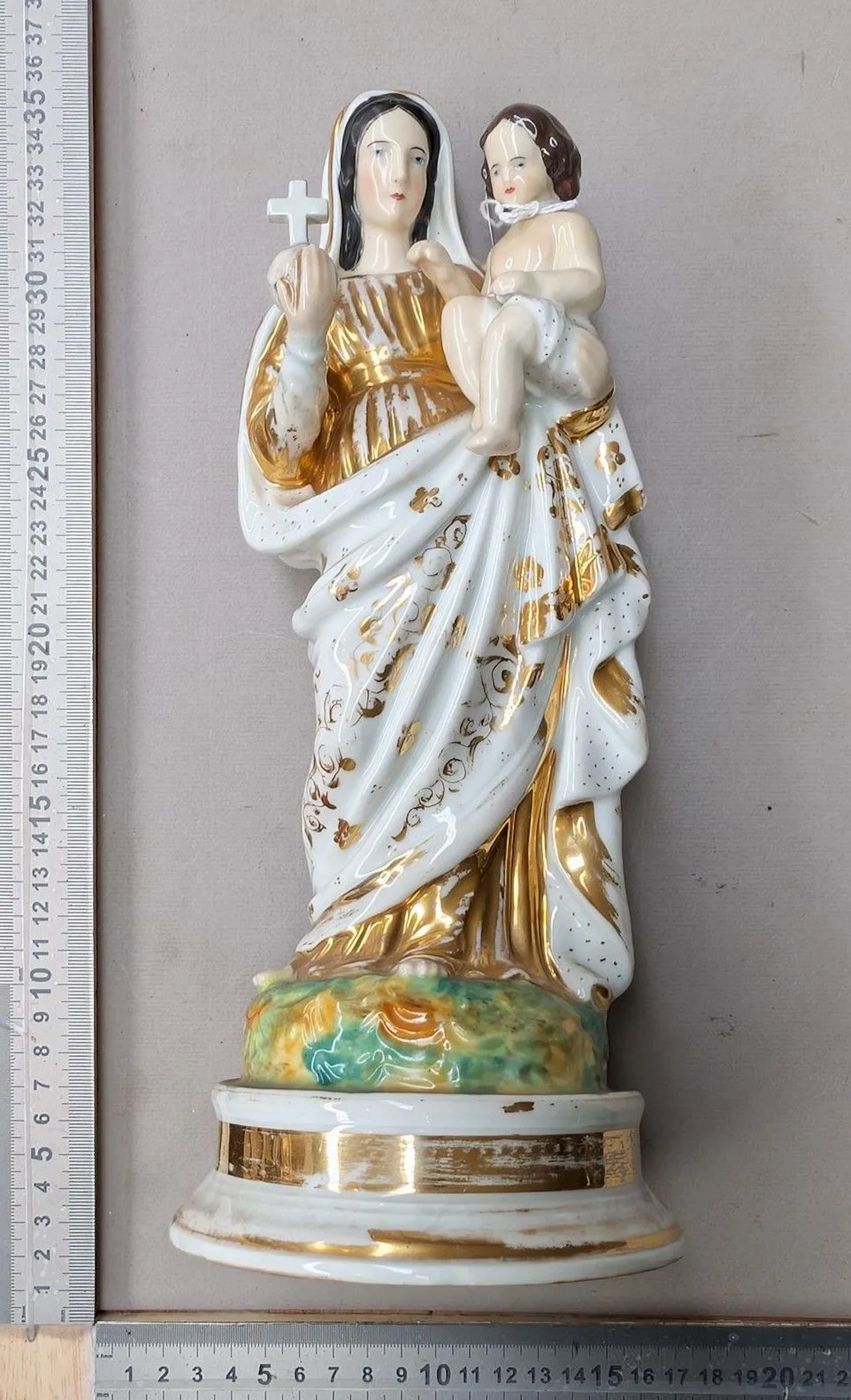 The Virgin and Child, made of earthenware—see photos for dimensions