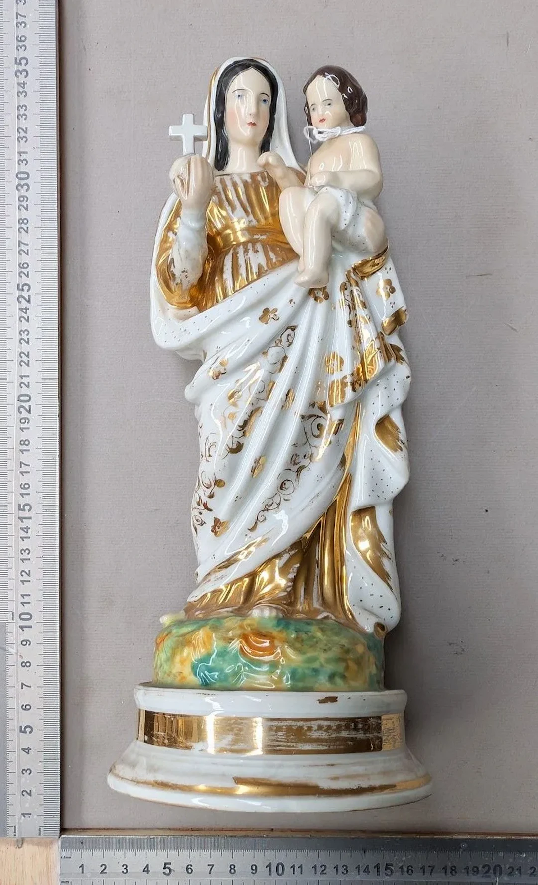The Virgin and Child, made of earthenware—see photos for dimensions