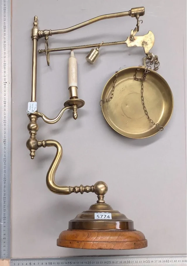 Brass scale with candleholder—see photos for dimensions and condition