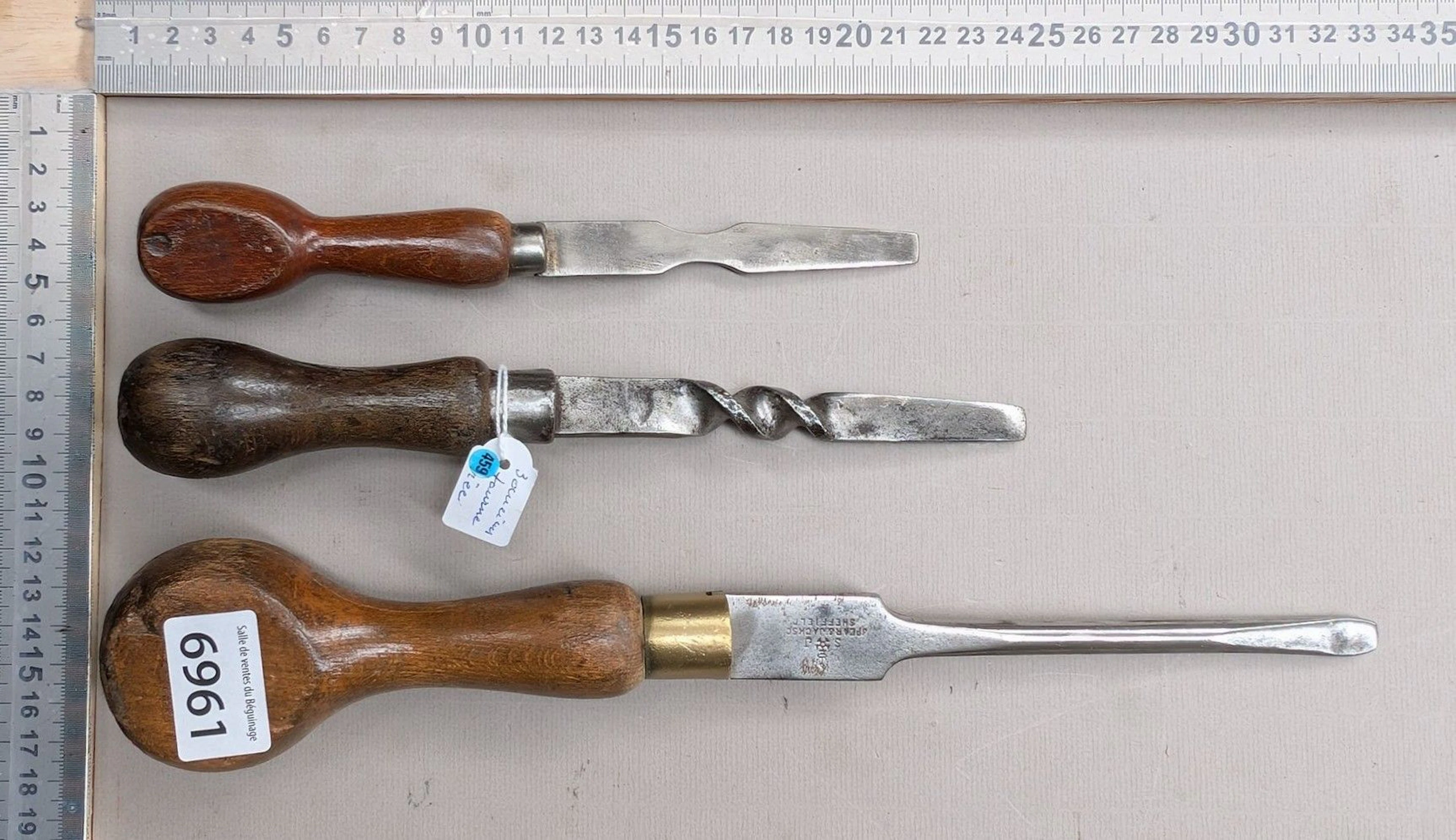 3 antique screwdrivers with wooden handles—see photos for dimensions