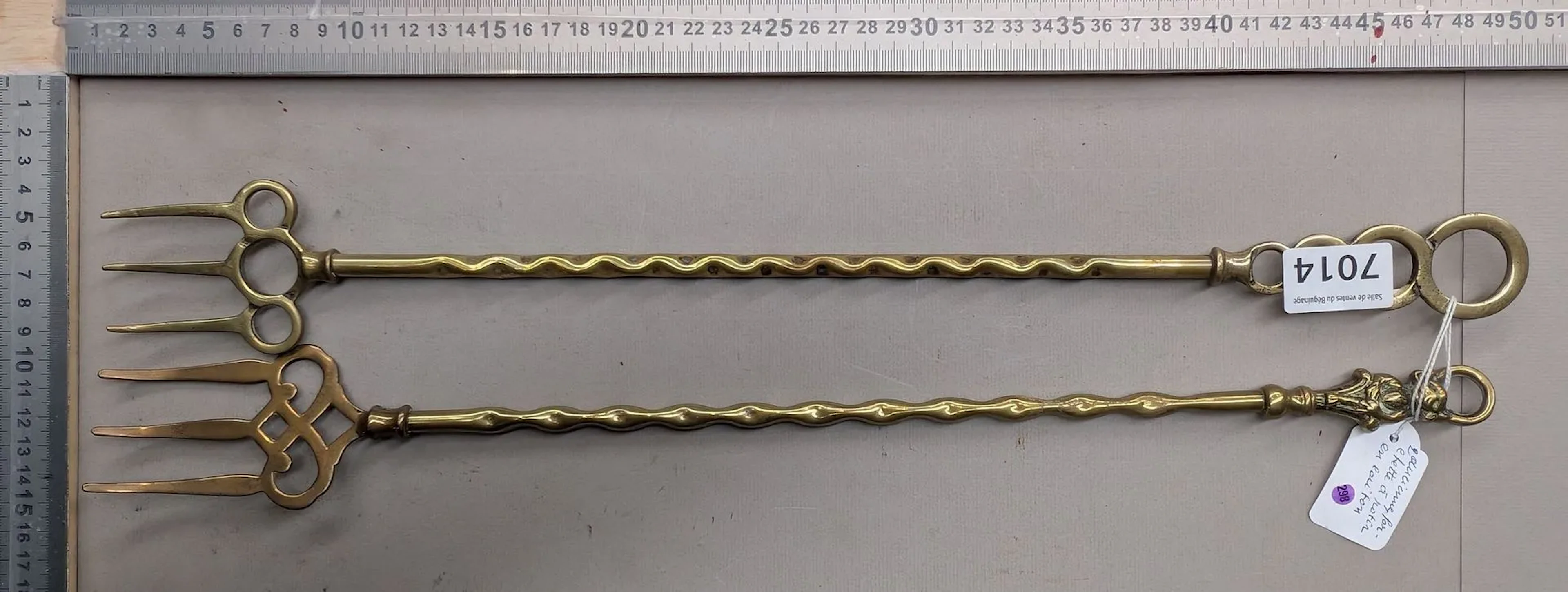2 antique brass forks—see photos for dimensions and condition