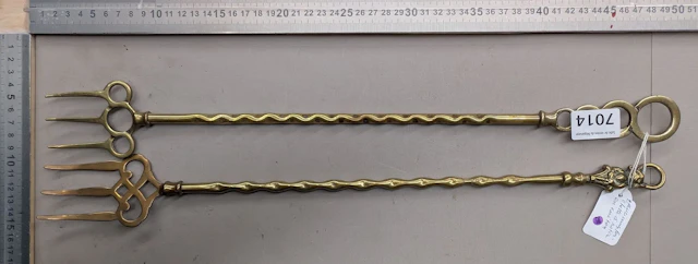 2 antique brass forks—see photos for dimensions and condition
